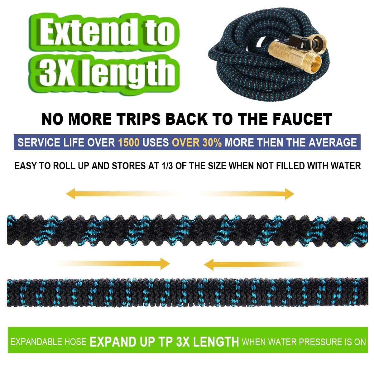 25FT Expandable Garden Hose with 10-Function Nozzle - Heavy Duty Flexible Water Hose with 3/4