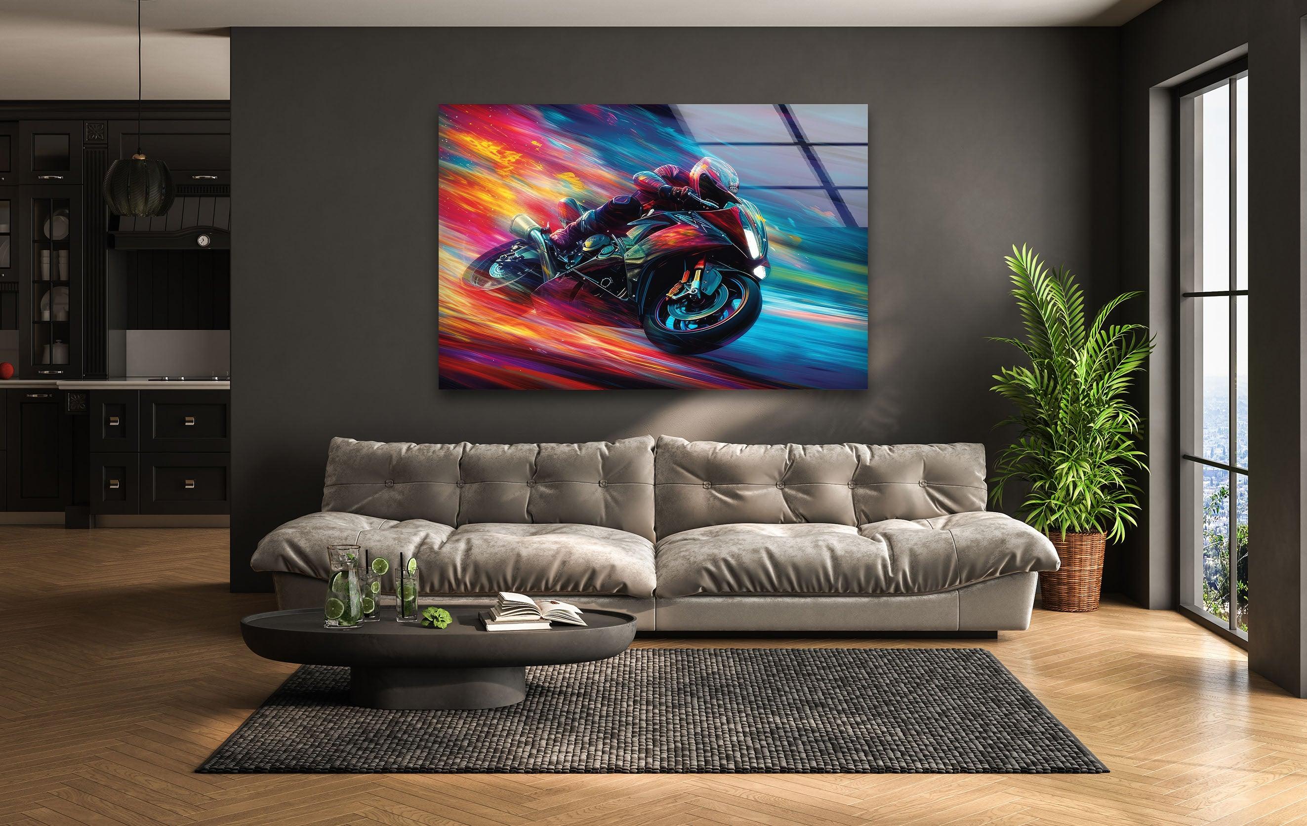 Vibrant Motor Racer Glass Wall Art - Modern Home Decor for Living Room, Bedroom & Office - Unique Automotive Themed Gift for Car Enthusiasts
