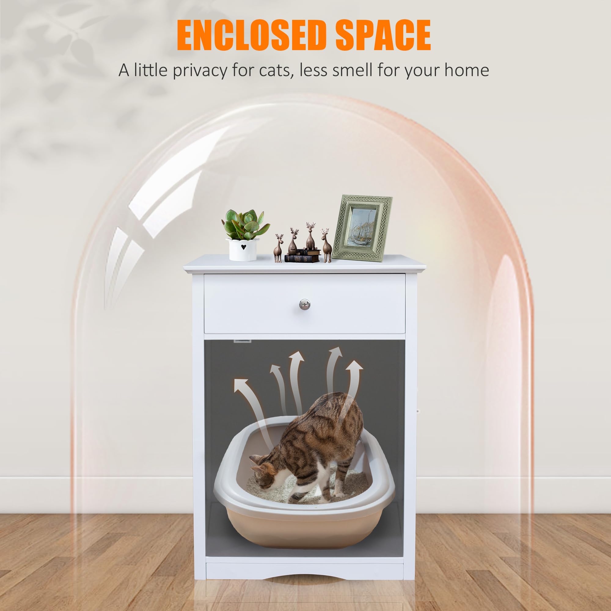 Multi-Functional Cat Litter Box Cabinet - Stylish White Cat Litter Enclosure with Side Table & Pet Crate Design | Indoor Cat House Furniture for Living Room, Bedroom & Washroom | Discreet Litter Box Hider for Odor Control & Home Decor