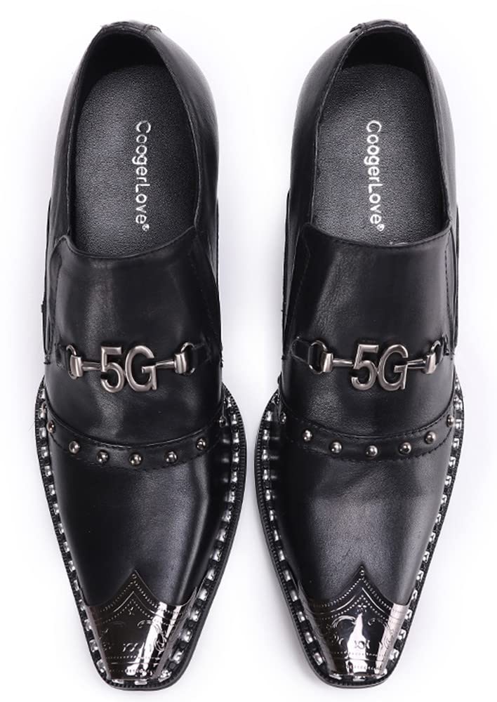 Santimon Men's Genuine Leather Loafers with Stacked Heel & Metal Cap Toe - Classic Snaffle Bit Design for Formal Wear, Business Meetings & Wedding Attire