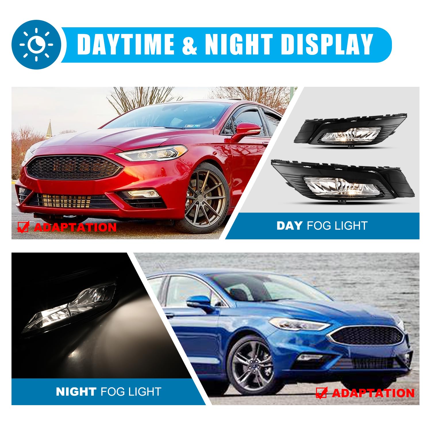 2017-2018 Ford Fusion Fog Lights Assembly - OEM Replacement Driving Lamps with H8 Halogen Bulbs, Wiring Harness & Switch (Black Housing, Clear Lens) - Perfect for Night Driving & Low Visibility Conditions