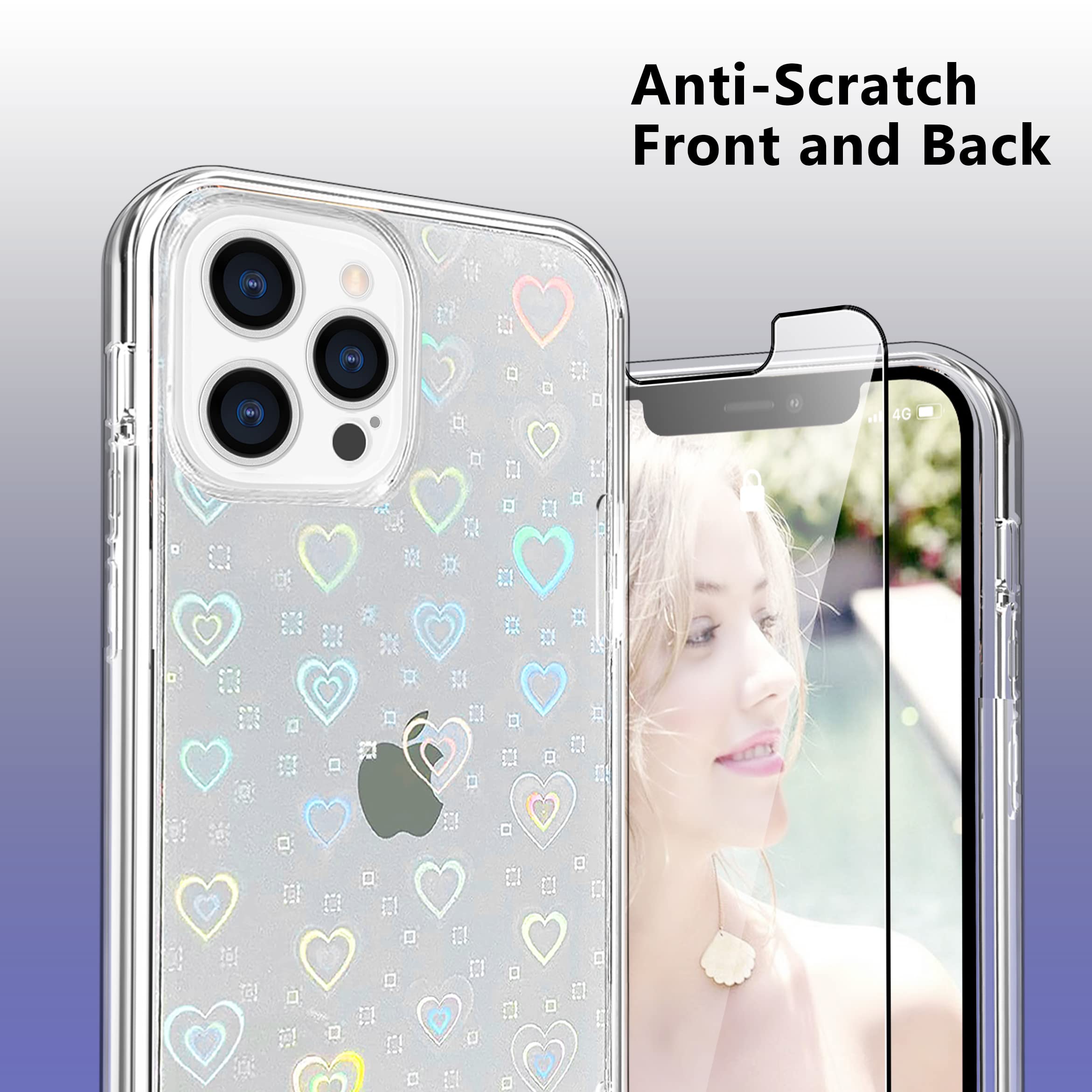 MZELQ iPhone 13 Pro Max Case with Laser Bling Glitter Rainbow Heart Design - Luxury Crystal Phone Cover for Women & Girls + Screen Protector | Perfect for Everyday Use, Parties & Gift Giving