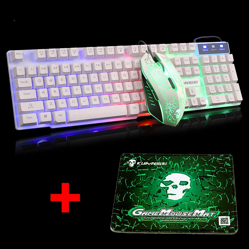 Rainbow Backlit USB Gaming Keyboard with US Layout T6 + 2400DPI 6-Button Optical Rainbow LED Gaming Mouse + Mouse Pad Set, 104 Key Semi-Mechanical Keycaps for Mac/Windows (White) - Perfect for PC Gaming, Office Work, and Typing