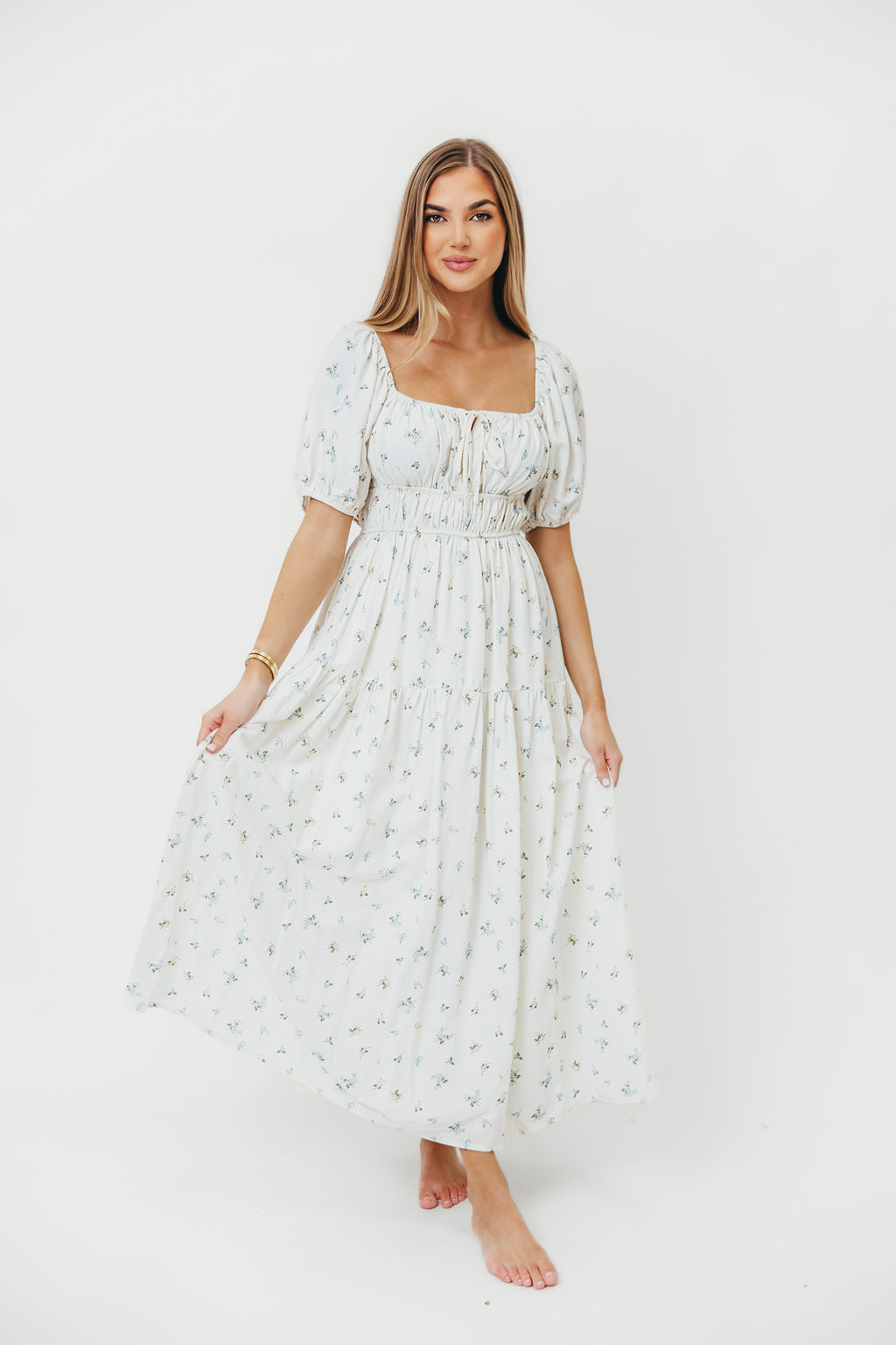 Catherine Floral Print Midi Dress in Cream & Multi Colors - Perfect for Weddings, Parties & Summer Outfits