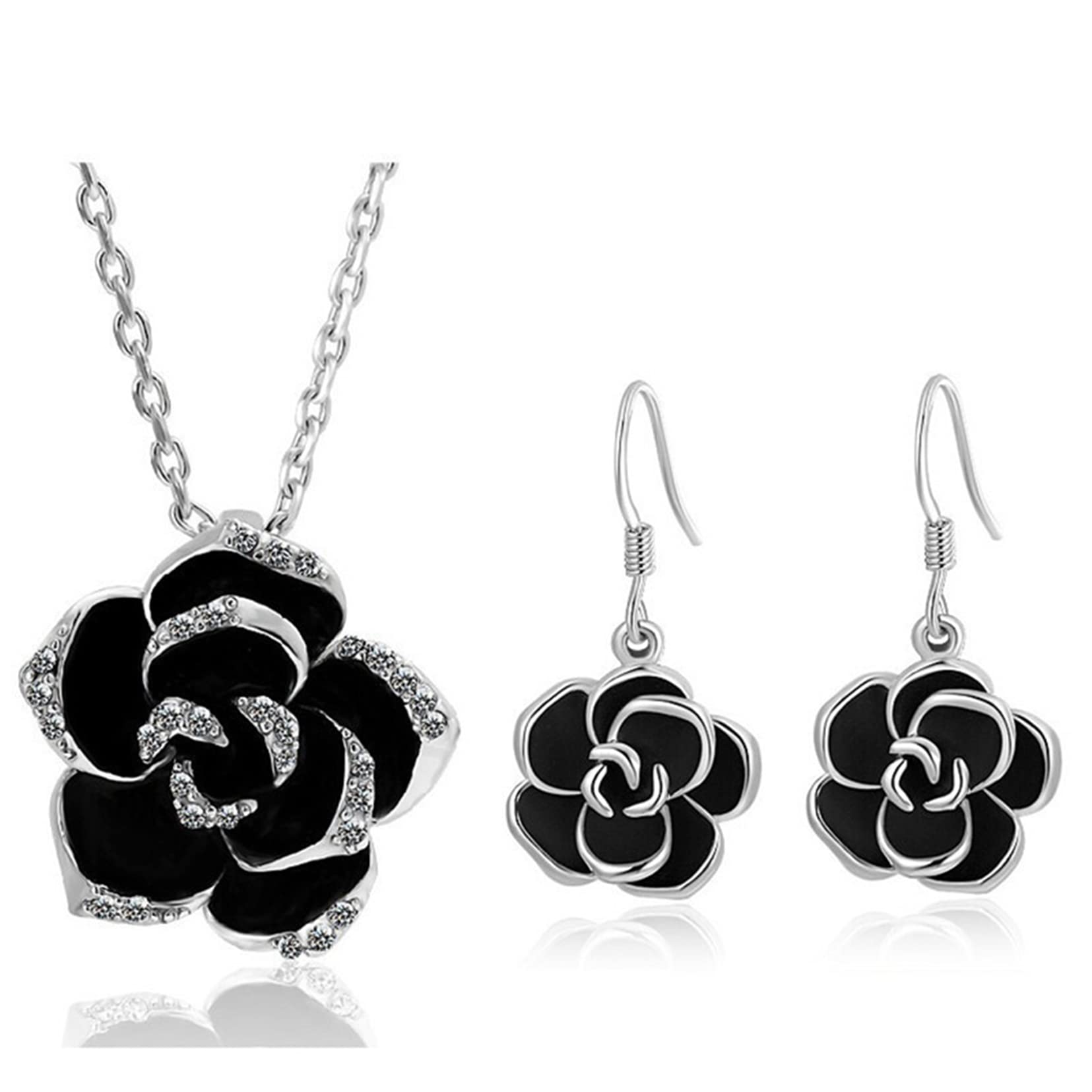 Black Rose Camellia Jewelry Set for Women - Elegant Flower Pendant Necklace & Dangle Earrings Set, Fashion Bridal Wedding Gift | Perfect for Anniversary, Valentine's Day & Special Occasions