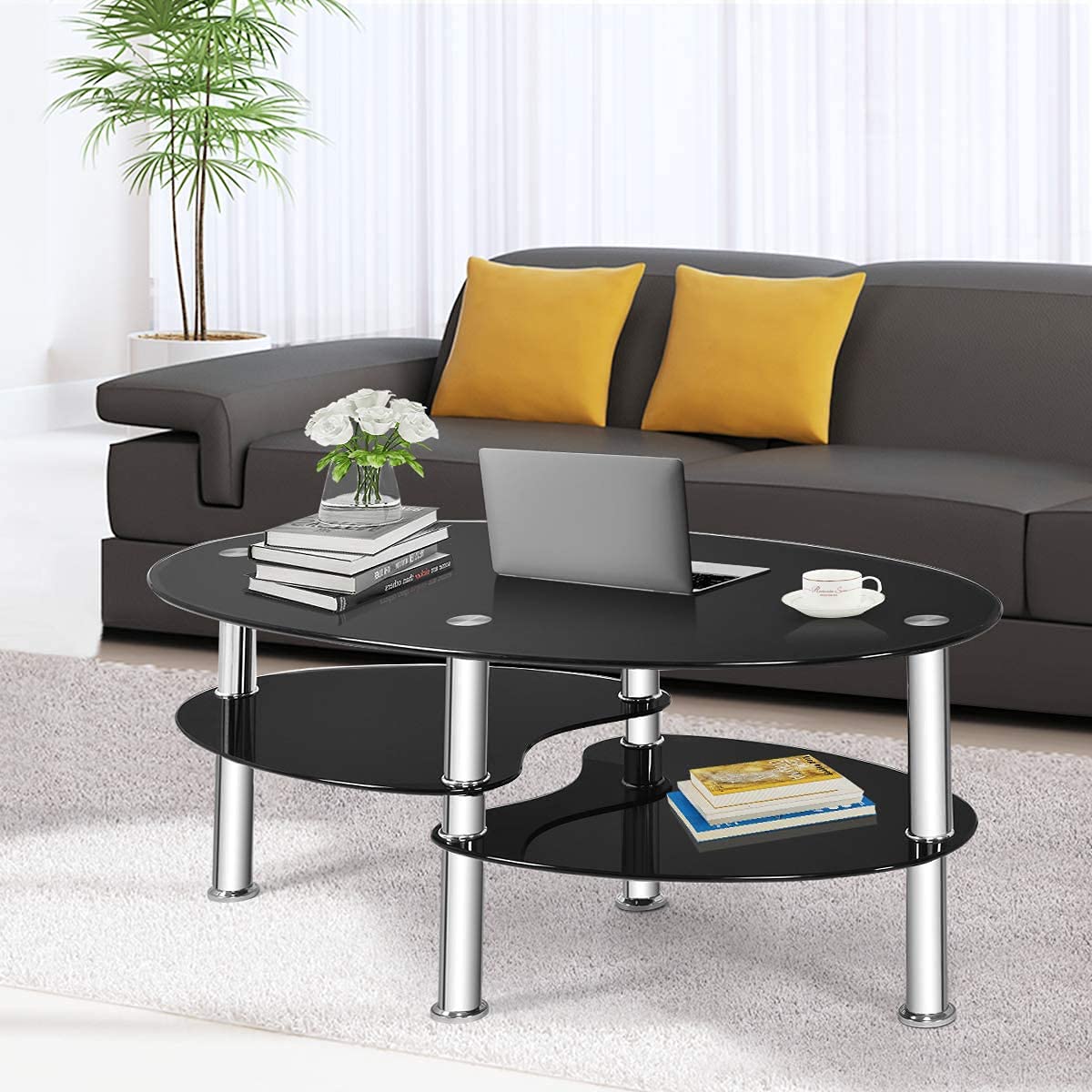 Modern 3-Tier Oval Glass Coffee Table - Moccha Design with Spacious Tempered Glass Top & Sturdy Chrome Legs - Perfect for Living Room, Office, Reception Area - Black End Table for Coffee, Books & Home Decor