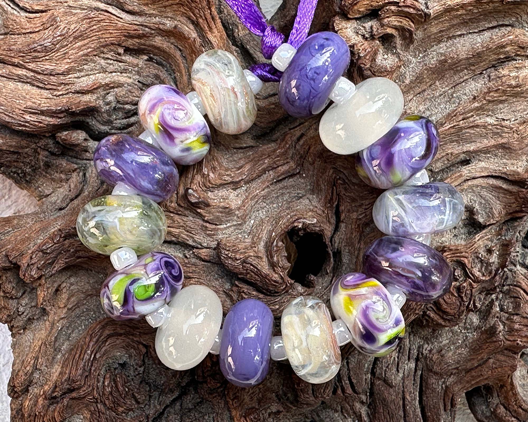14-Piece Purple Wisteria Lampwork Glass Beads Set for Jewelry Making - DIY Bracelets, Necklaces, and Craft Projects