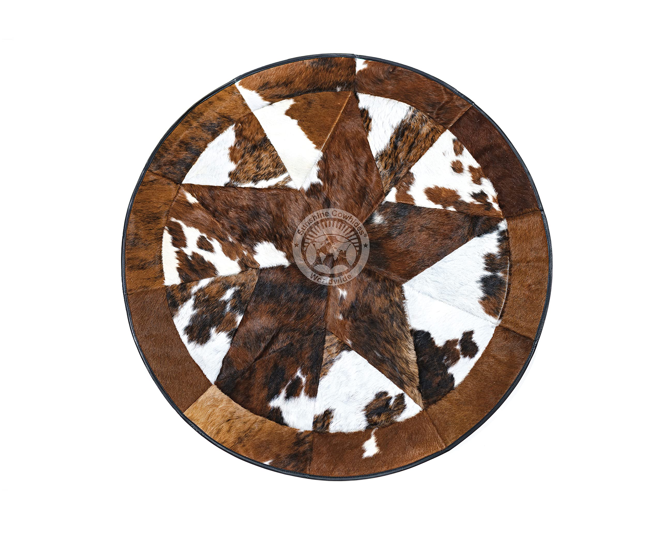 100% Genuine Tricolor Patchwork Cowhide Rug - Single Star Design Round Leather Rug for Living Room, Office, Kitchen - 40