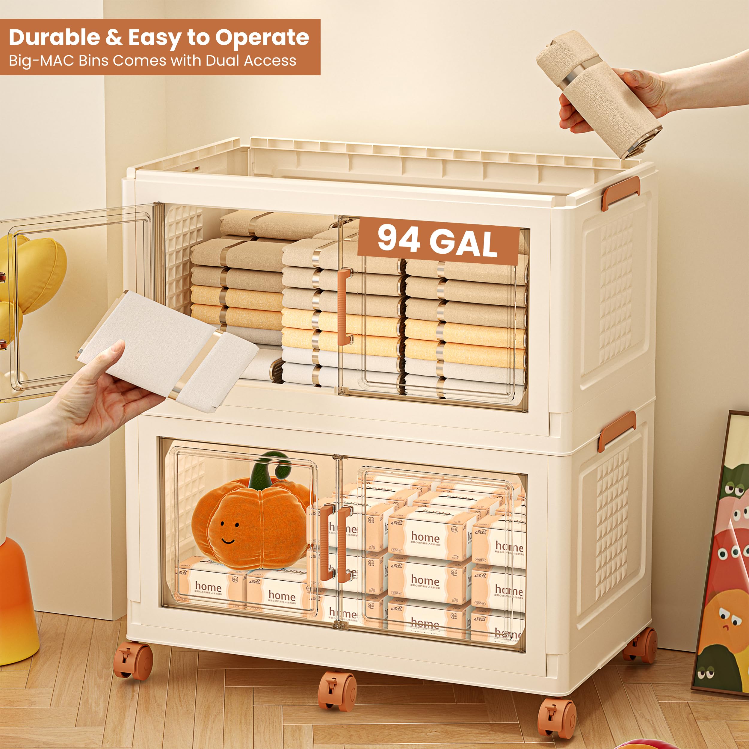 376QT/94Gal 2-Tier Stackable Storage Bins with Lids & Doors - Motion Sensor Cabinet Lights, Large Collapsible Plastic Container with 6 Wheels, Foldable Organizer for Home, Office, Garage & Closet Storage Solutions