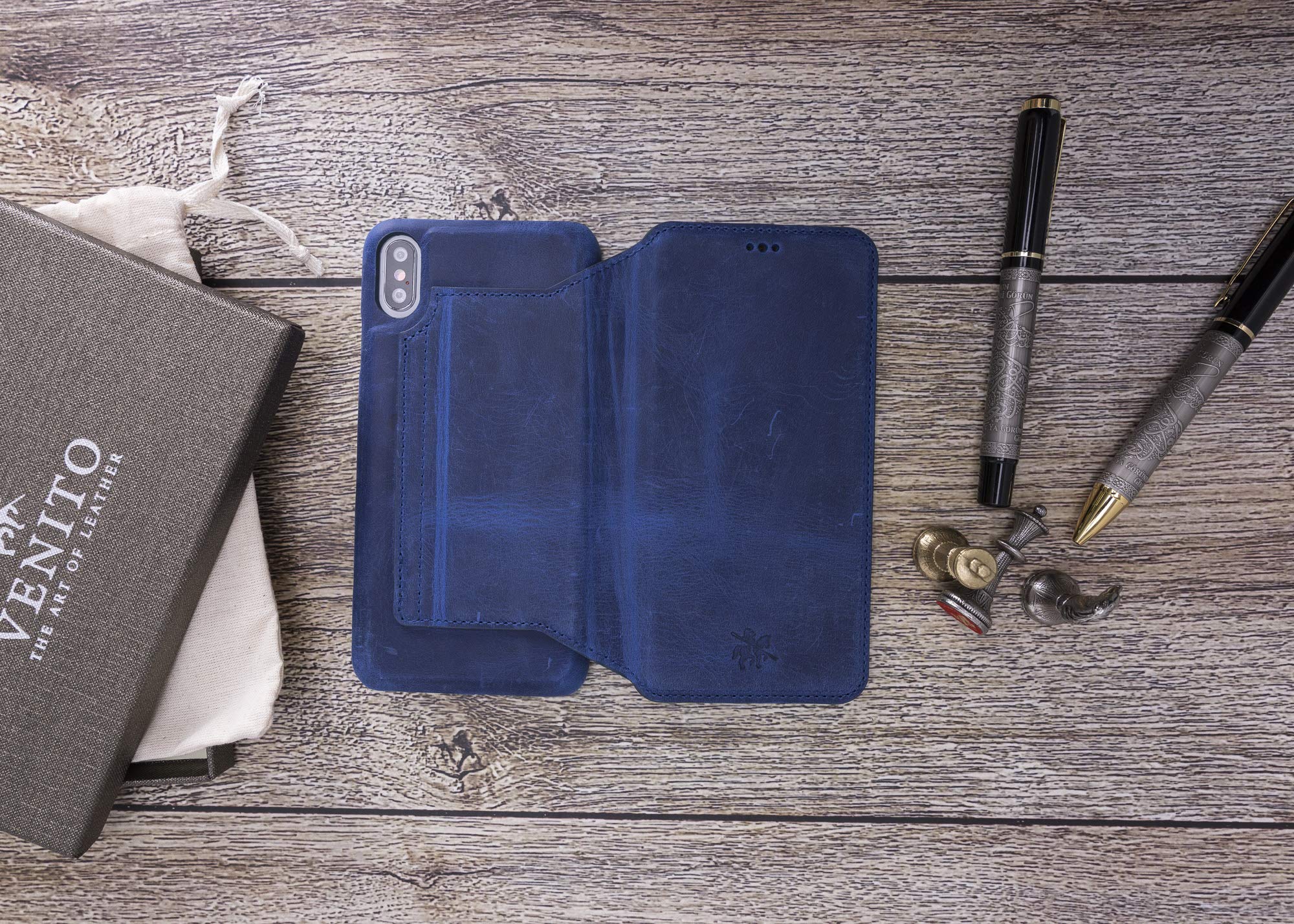 Venito Venice Slim iPhone X/XS Case with Stand, Wallet & RFID Blocking - Self-Closing Magnetic Cover (Antique Dark Blue) - Perfect for Travel, Work & Everyday Protection