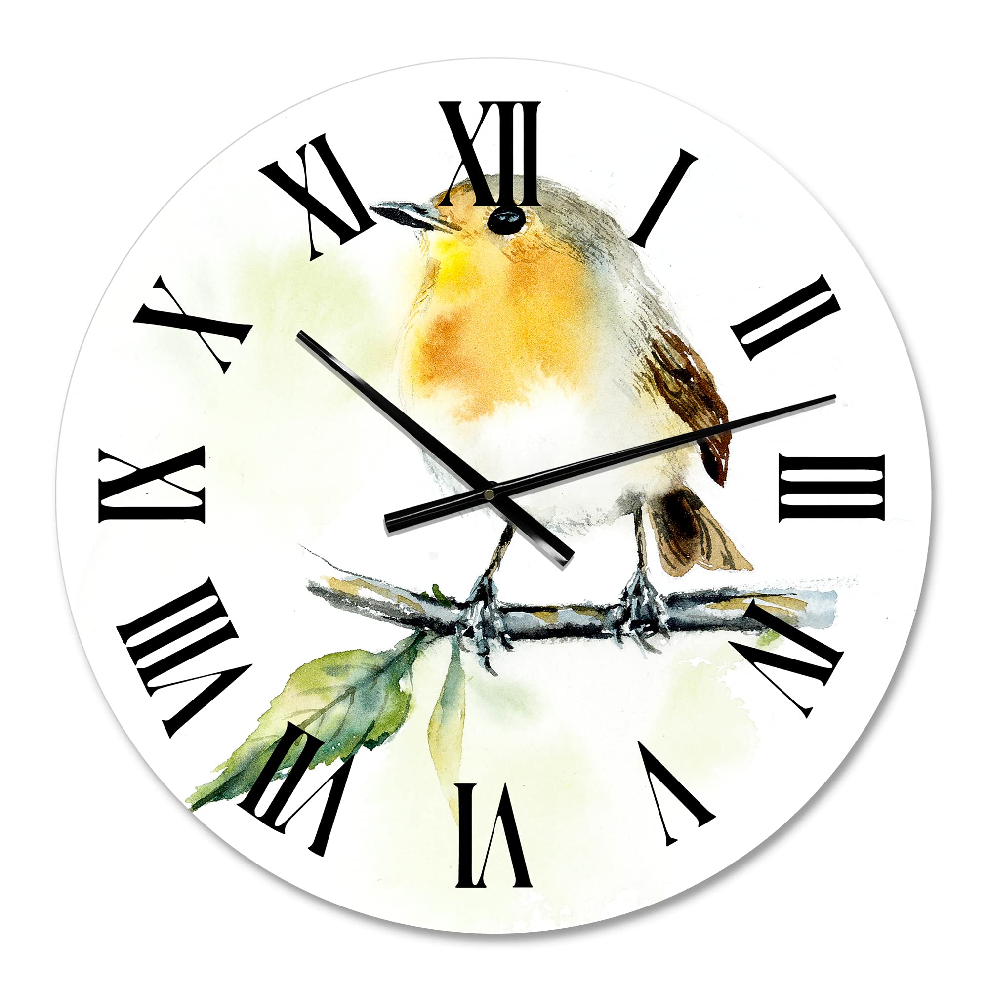 DesignQ Traditional Wall Clock 'Little Robin Bird On A Branch' - Large Decorative Clock with Animal Theme for Living Room, Bedroom & Office Decor | Perfect Gift for Home & Housewarming