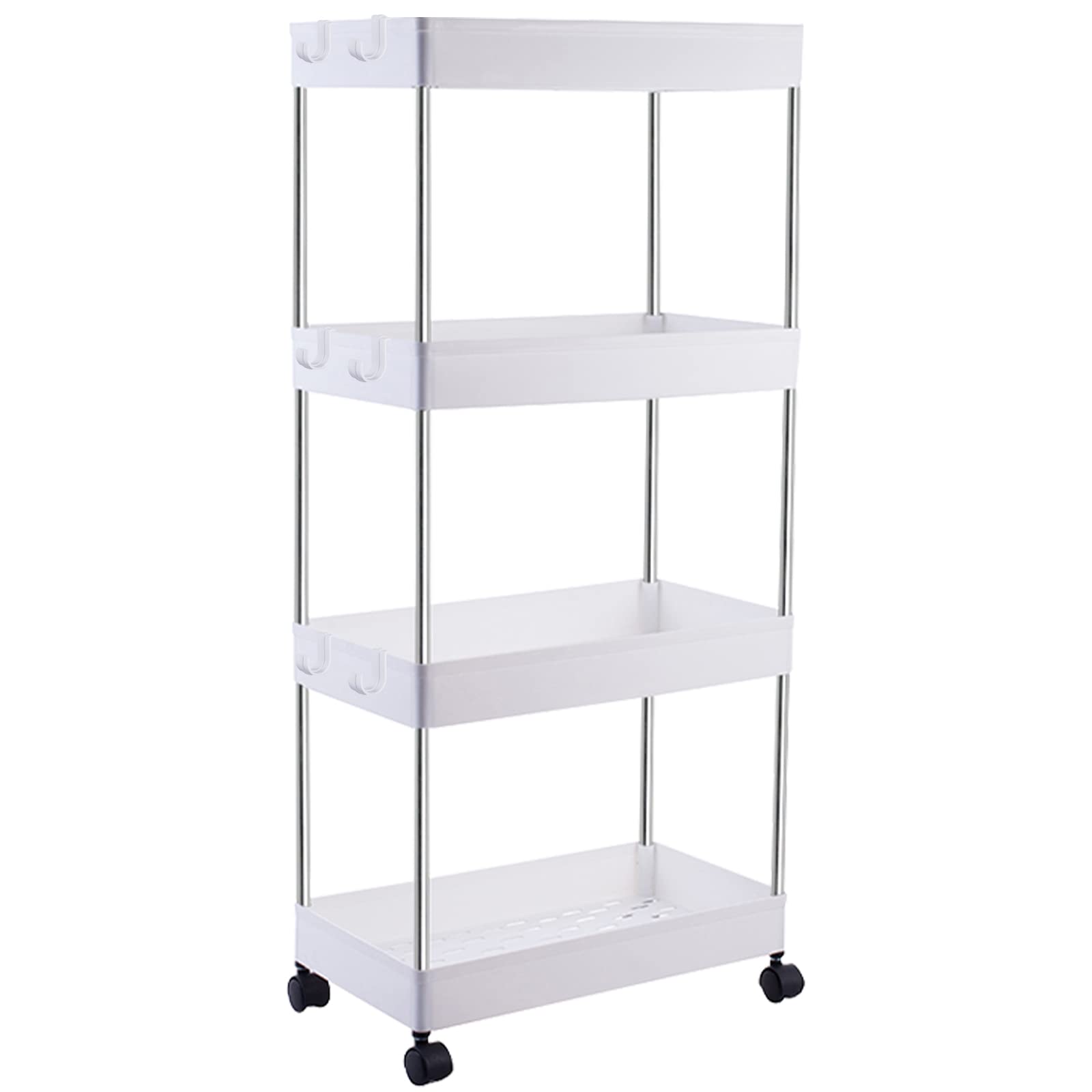 Mupera 4-Tier Rolling Utility Cart with 6 Hooks - Multifunctional Mobile Storage Organizer with Wheels for Kitchen, Office, Home - White | Perfect for Pantry Organization, Bathroom Storage & Garage Shelving