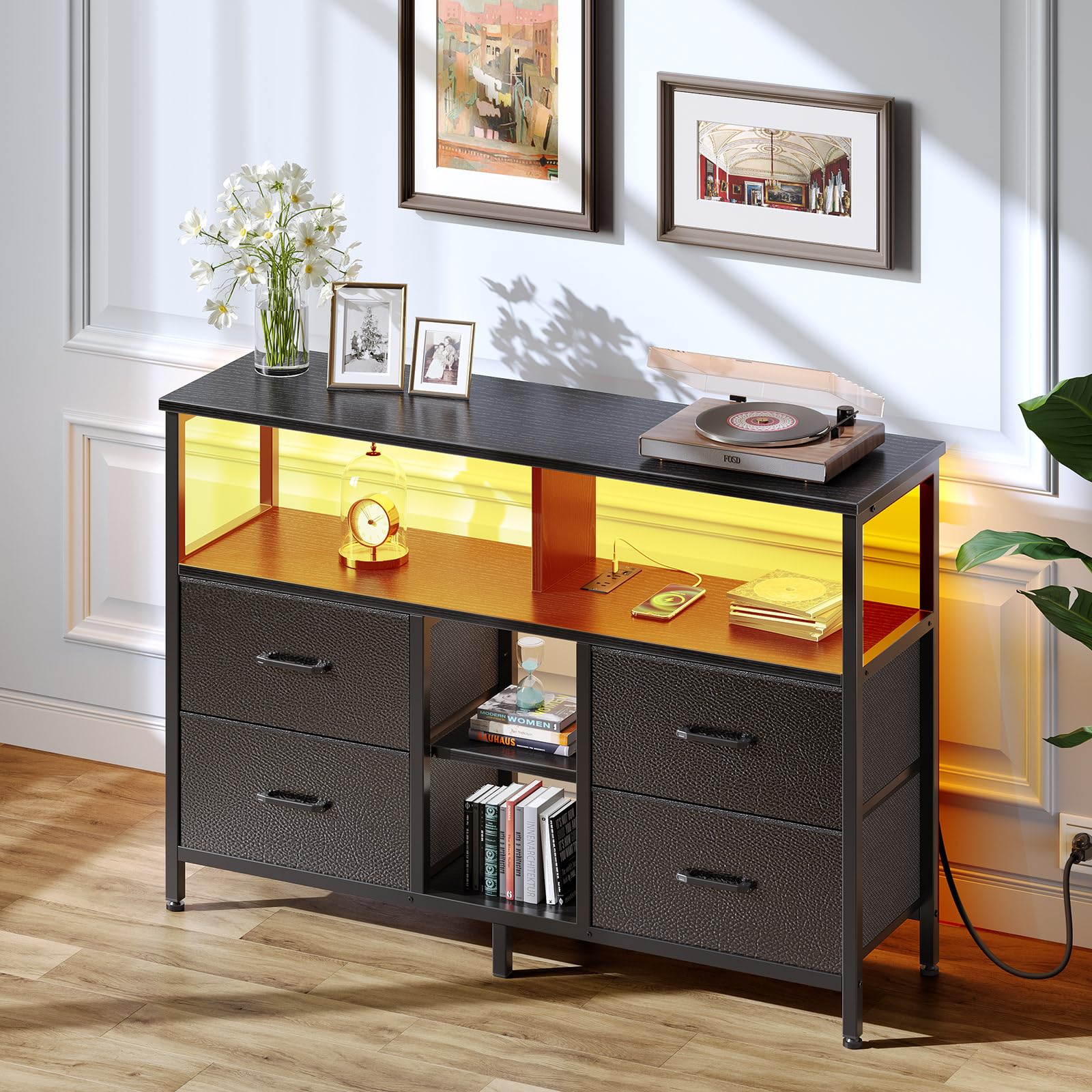 Rolanstar Modern TV Stand with Built-in Power Outlets & LED Lights, 4 Fabric Storage Drawers Entertainment Center for 32/45/55 inch Flat Screen TVs - Sturdy Media Console with Ample Storage Space for Living Room, Bedroom or Home Theater - Black