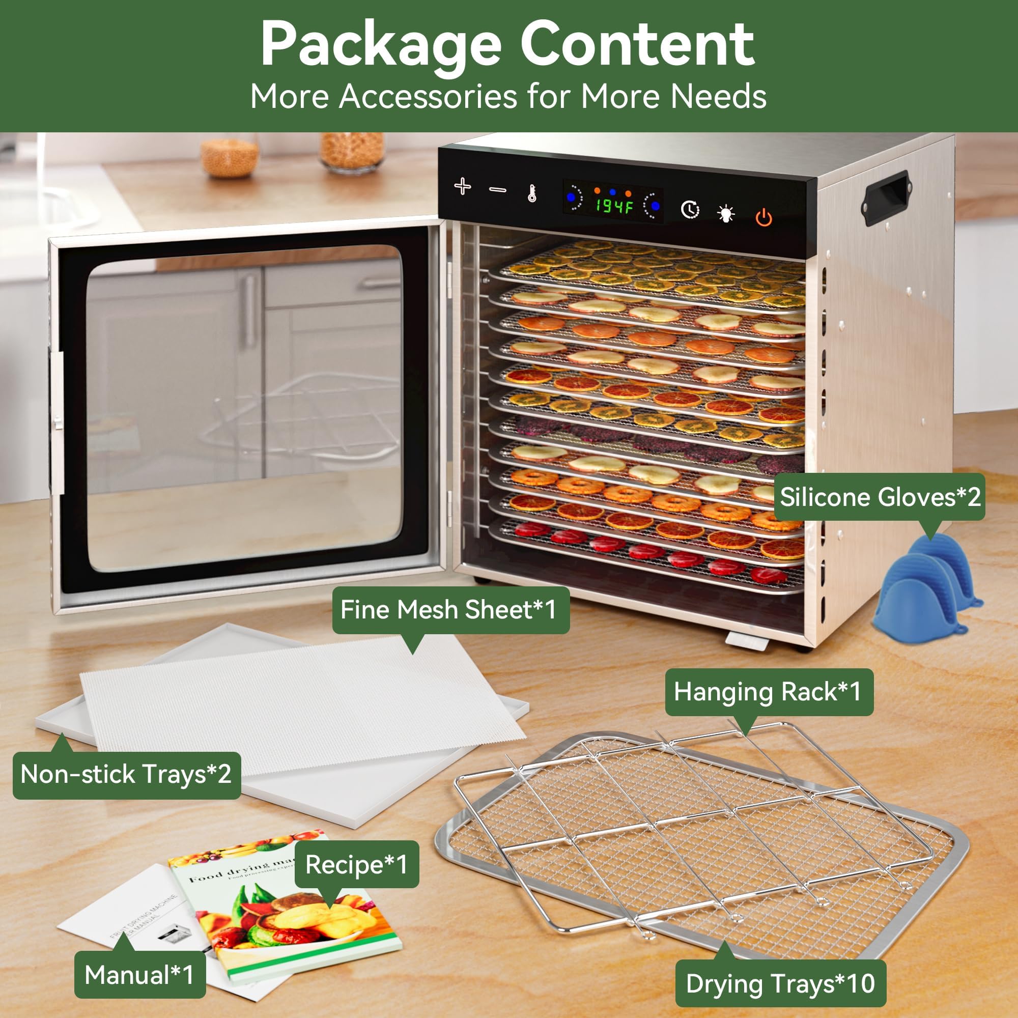 12-Tray Food Dehydrator 600W with Adjustable Temperature (86°F-194°F) & Digital Timer - Quiet Electric Dehydrator for Jerky, Fruits, Vegetables, Herbs, Dog Treats - Perfect for Home Kitchen, Camping, Prepping & Healthy Snacks - Includes Recipe Guide