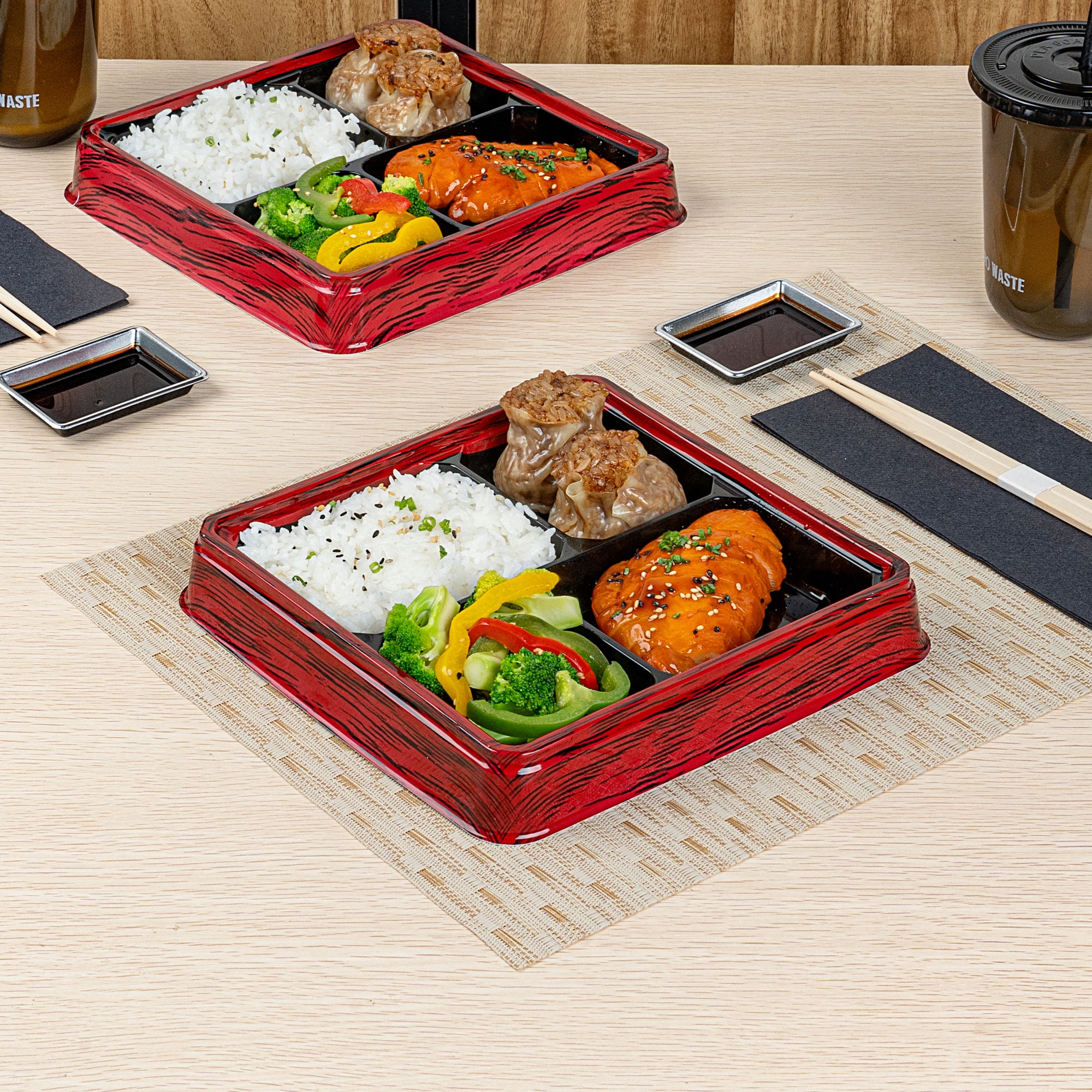 Bento Tek 18 oz Square Red and Black Plastic Bento Box with 4 Compartments - 8.5