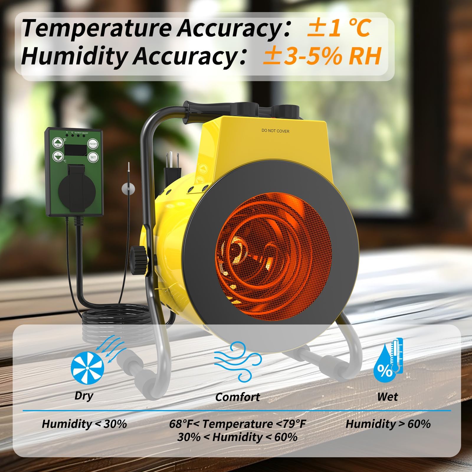 Digital Thermostat Greenhouse Heater with Hygrometer - Portable Outdoor Space Heater for Greenhouses - Fast Heating, Overheat Protection - Ideal for Winter Plant Protection & Seedling Growth (Yellow)