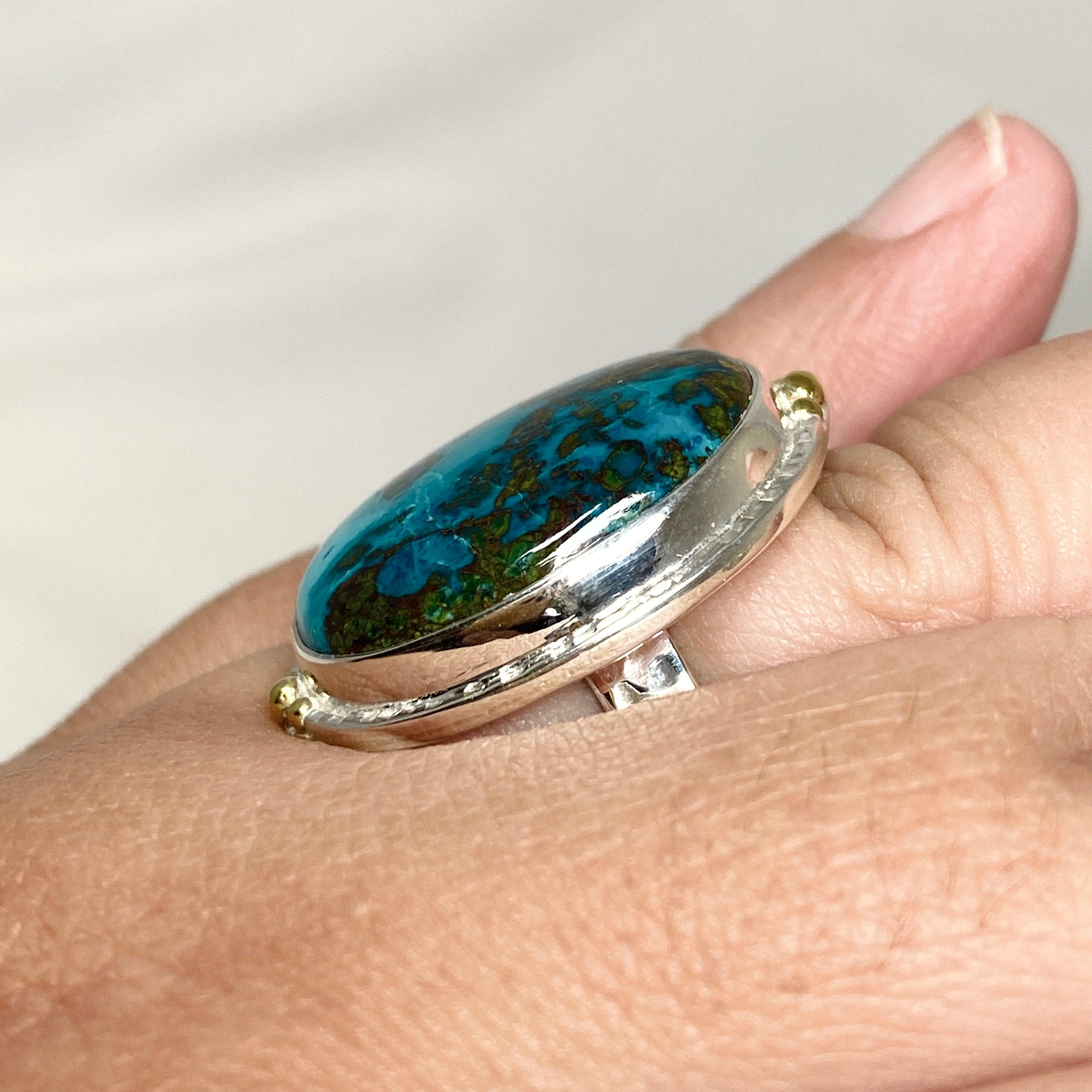 Chrysocolla and Shattuckite Oval Ring with Brass Accents - Size 11 - KRGJ3226 - Perfect for Boho Jewelry Lovers & Spiritual Healing