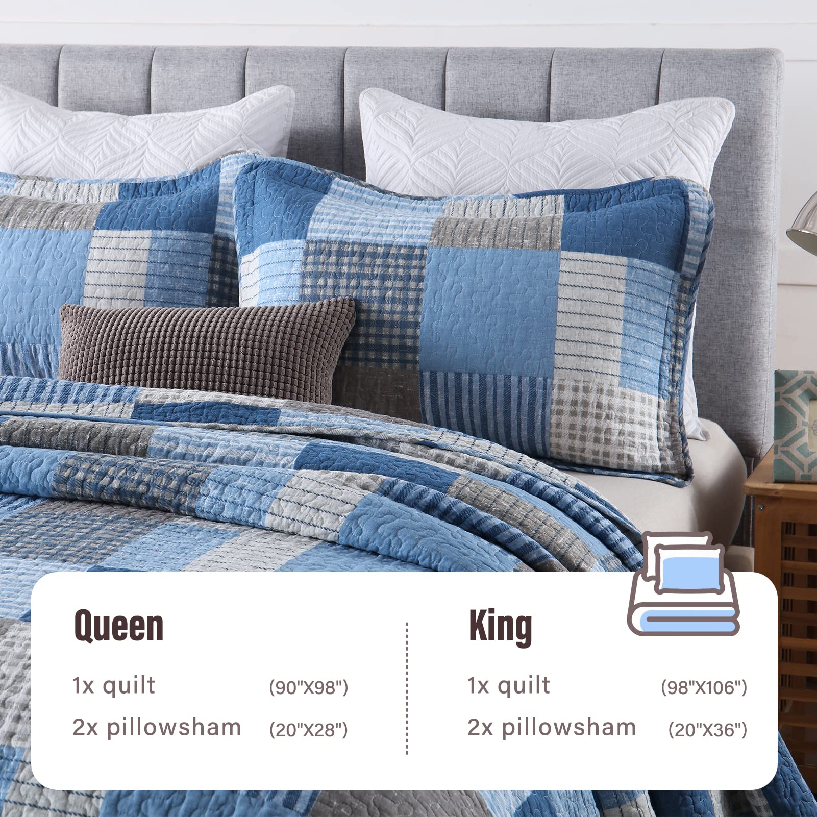 Y-PLWOMEN 100% Cotton Plaid King Size Quilt Set - Farmhouse Style Lightweight Breathable Bedspread with 2 Pillow Shams, Blue Navy, 98x106 Inch | Perfect for Cozy Bedroom Decor, Guest Room & Seasonal Home Styling