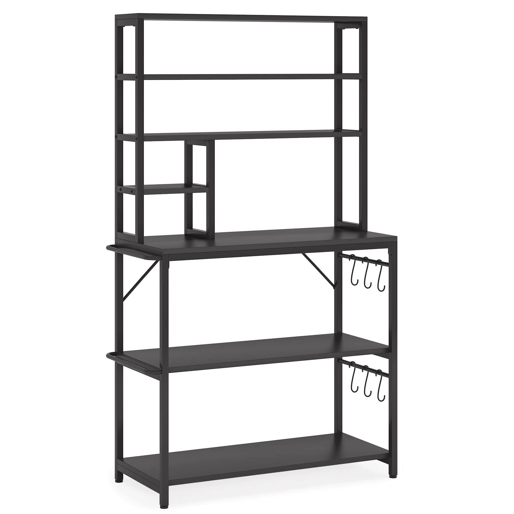 Tribesigns 6-Tier Kitchen Baker's Rack with Microwave Stand, Storage Shelves & Hutch - Free Standing Kitchen Organizer with 6 Hooks for Spices, Utensils & Cookbooks - Perfect for Small Kitchens, Pantry Organization & Coffee Bar Setup (Full Black)