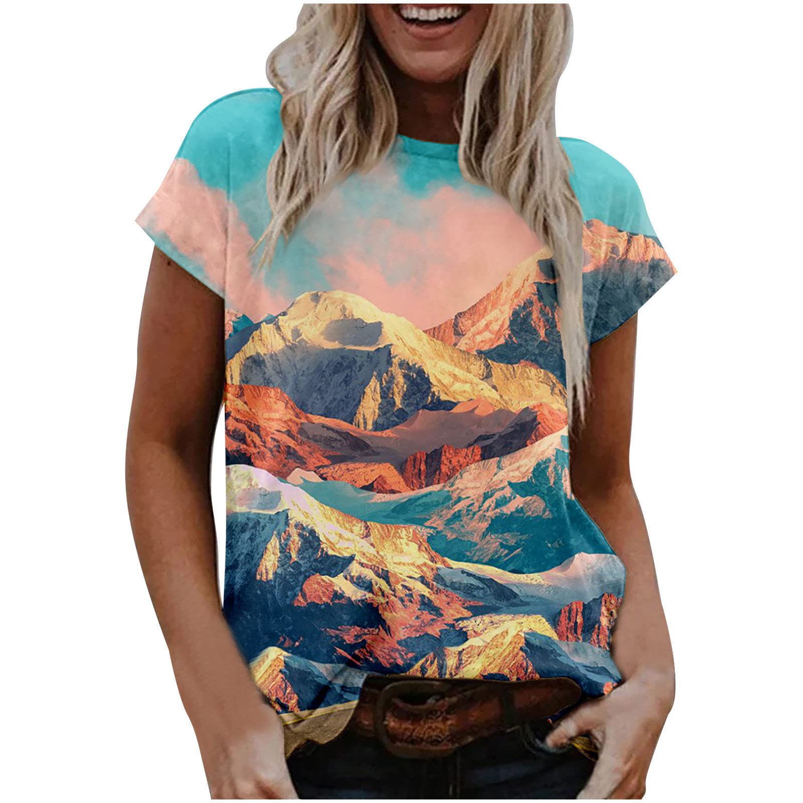 Women's Casual Round Neck Printed Short Sleeve T-Shirt - Mountain Graphic Summer Blouse | Perfect for Outdoor Adventures, Beach Trips & Everyday Wear