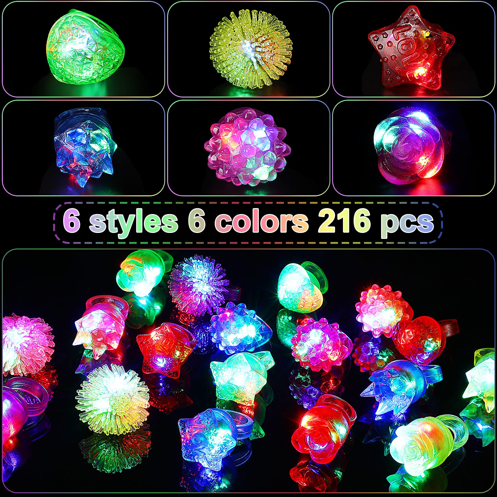 216-Piece LED Light Up Rings - 6 Styles Flashing Glow in Dark Party Rings, Bumpy Rubber Blinking Rings for Raves, Concerts, Halloween & Birthday Parties - Perfect Party Favors, Dance Accessories & Gift Ideas
