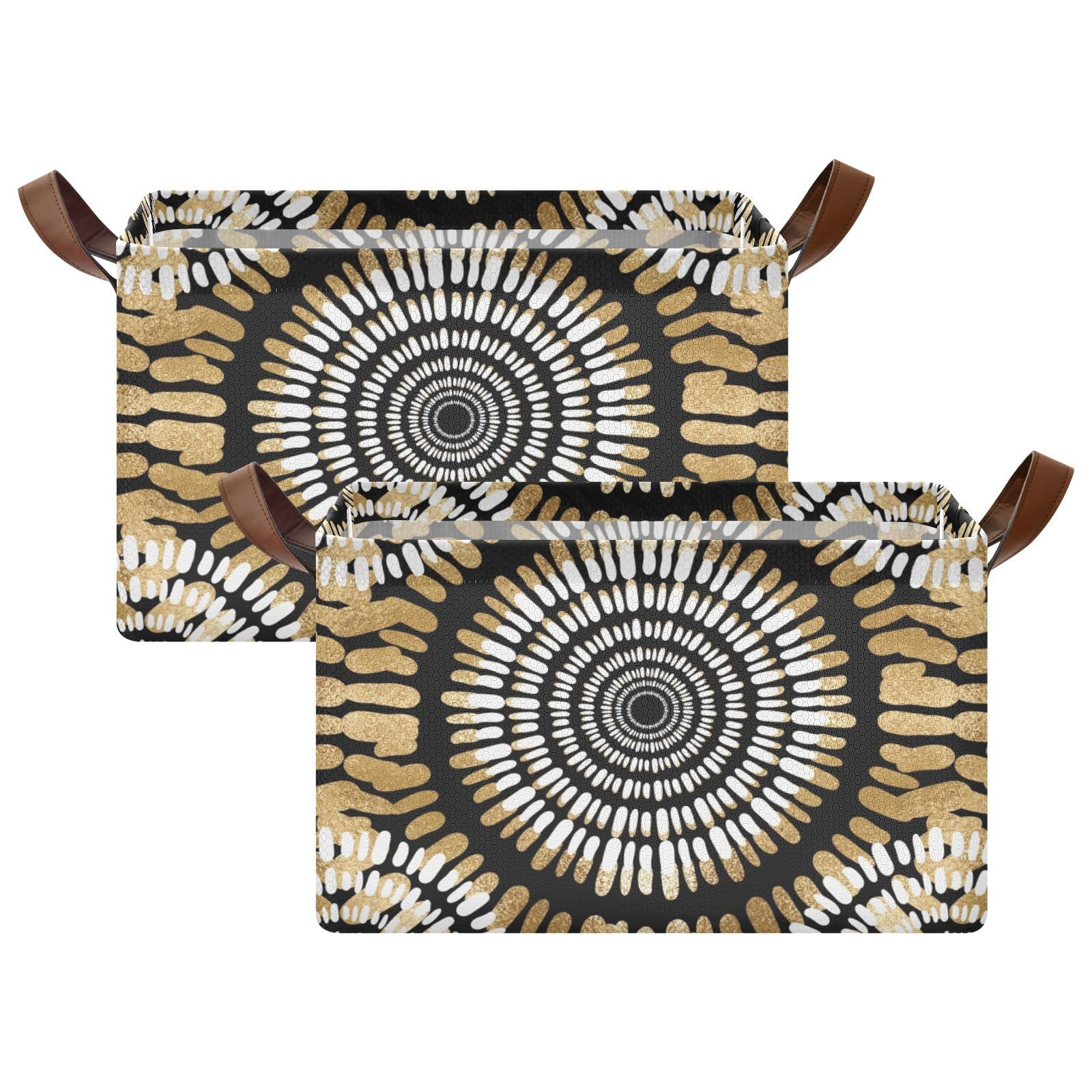 Yuiboo Foldable Storage Bins with Handles - 2 Pack Abstract Circle Pattern Cloth Baskets in Black, White & Gold | Organizer for Pantry, Shelves, Drawers, Desktop, Closet, Classroom & Office | Perfect for Home Organization & Decorative Storage Solutions