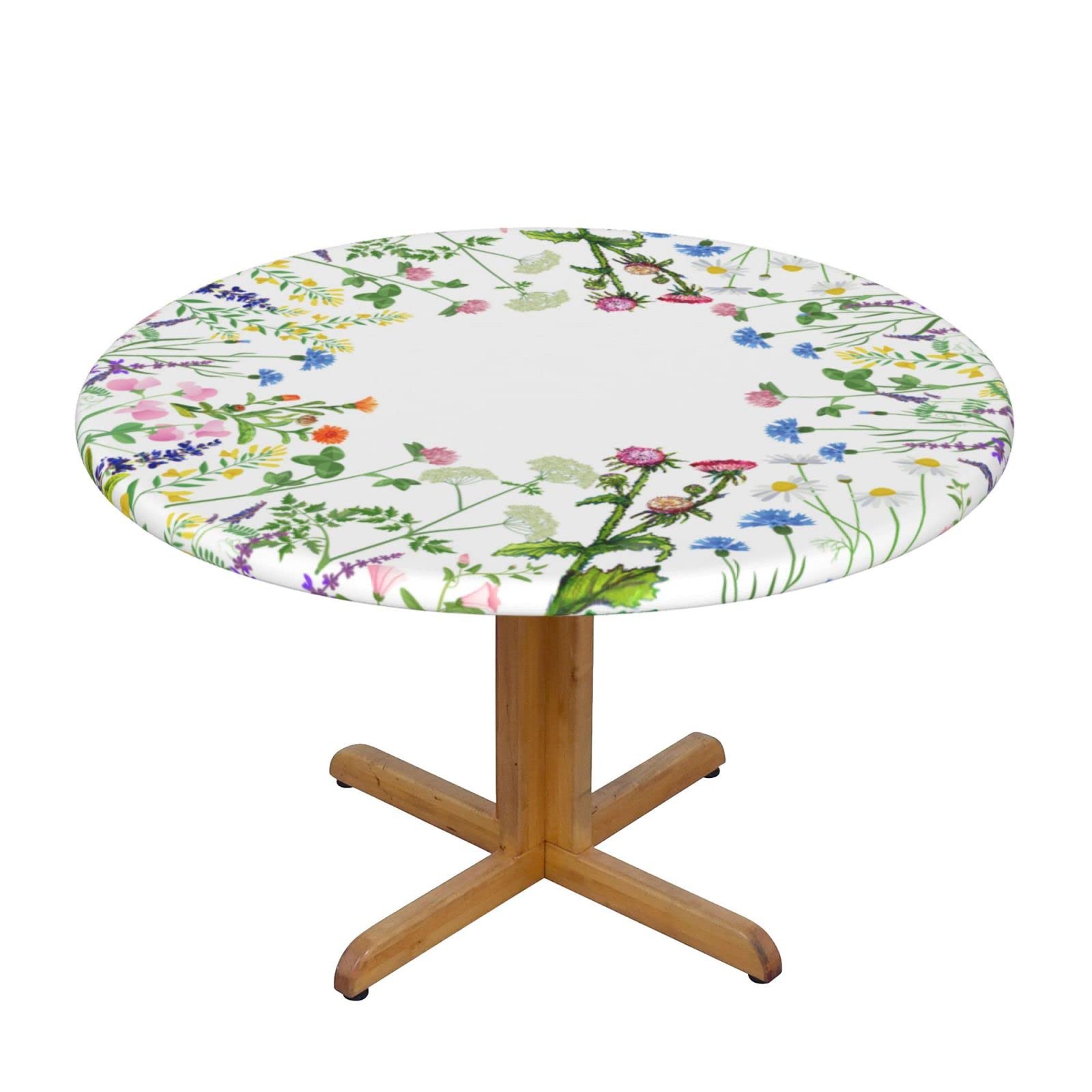 Giinly Elastic Edge Round Tablecloth - Watercolor Wildflowers Floral Design, Fits Tables 45-50 Inch Diameter - Perfect for Spring Parties, Outdoor Picnics & Dining Room Decor