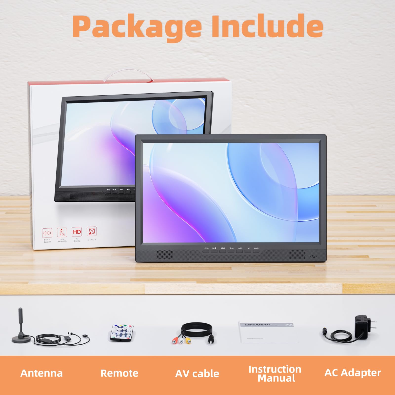 NORTHING 19 Inch Portable LED TV with Antenna - 1080P HD Small Television with HDMI, AV Input & USB Port - Built-in Stand Compact Monitor for Kitchen, Bedroom, RV, Camping (No Button/Coin Battery Required)