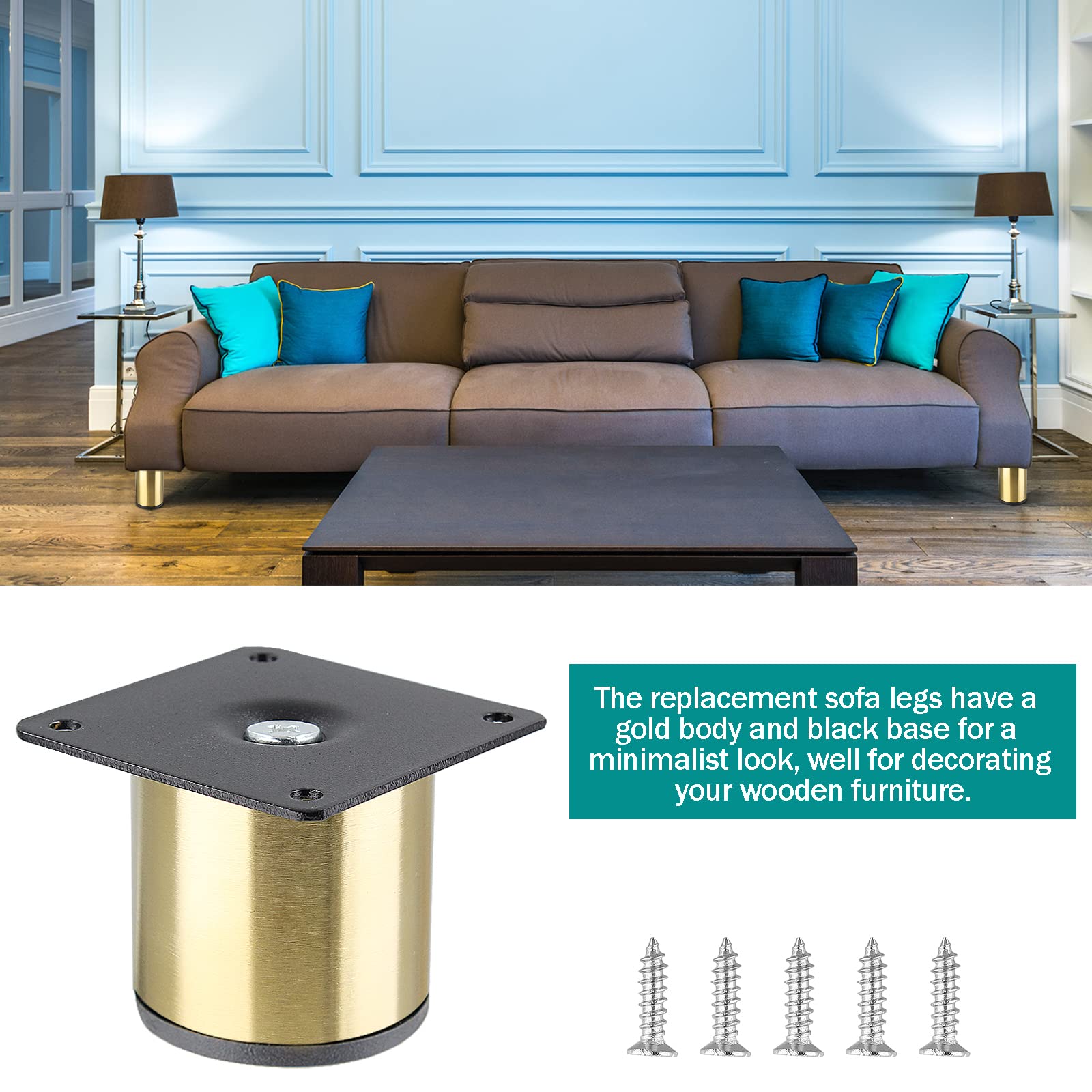 4pcs Stainless Steel Furniture Legs 2 Inch (50mm) - Gold Cabinet Feet, Sofa Legs Replacement for Couch, Vanity Desk, Dresser, Shelf, Futon, Coffee Table & Nightstand - Durable Metal Ottoman Legs for Home & Office Furniture Upgrade