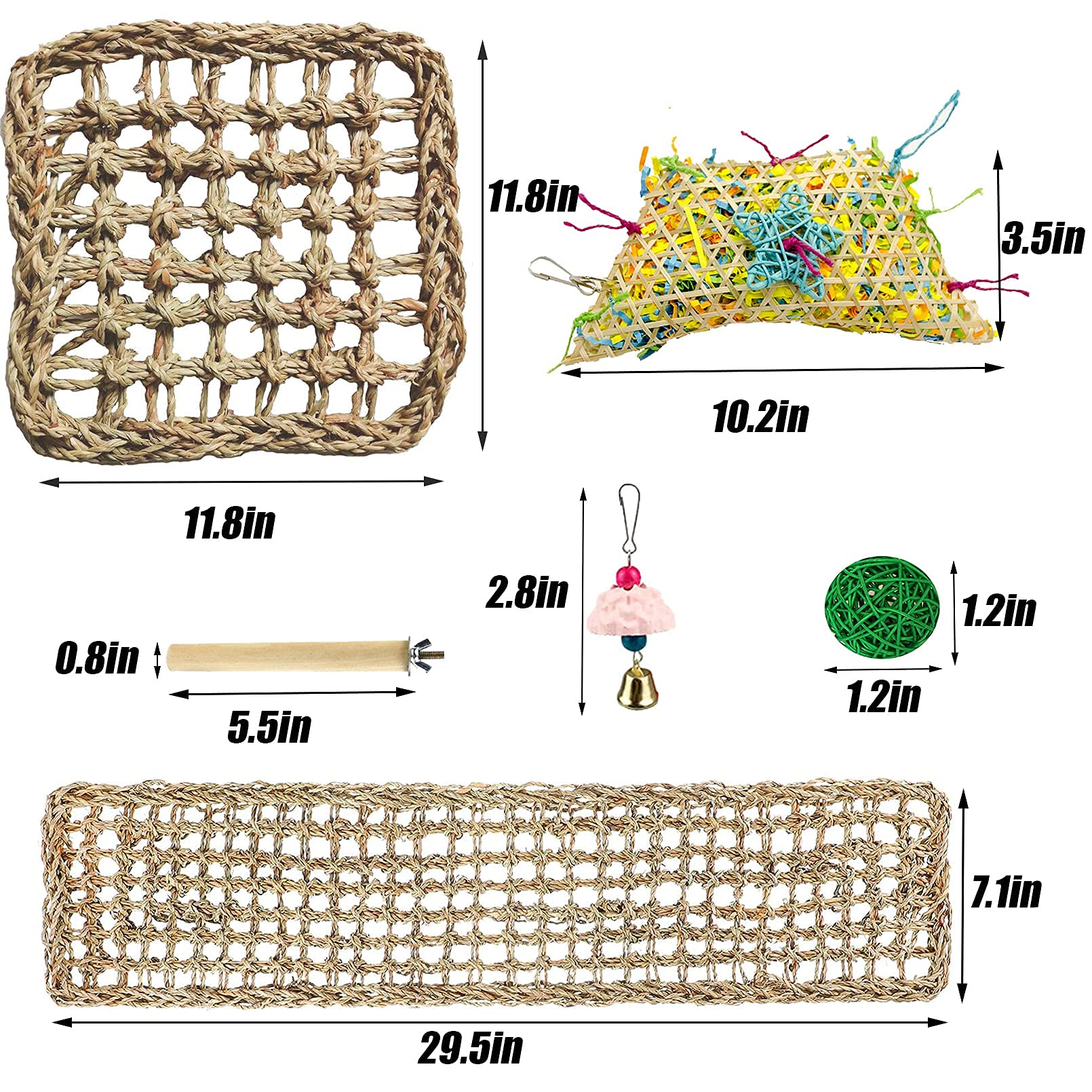 Premium Parrot Foraging Wall Toy - Natural Seagrass Climbing Mat & Hammock with Chew Balls (29.5