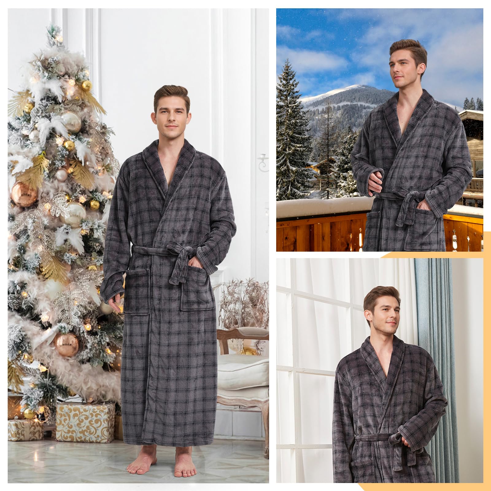 Men's Fleece Plush Bathrobe - Full Length Big & Tall Shawl Collar Plaid Robe for Men - Cozy Loungewear for Spa, Home Relaxation & Winter Warmth