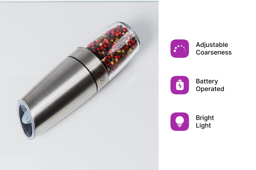 KSL Gravity Electric Salt and Pepper Grinder Set - Automatic Adjustable Battery-Powered Mill - Perfect Mother's Day Gift & Kitchen Essential for Cooking, Dining, and Holiday Entertaining
