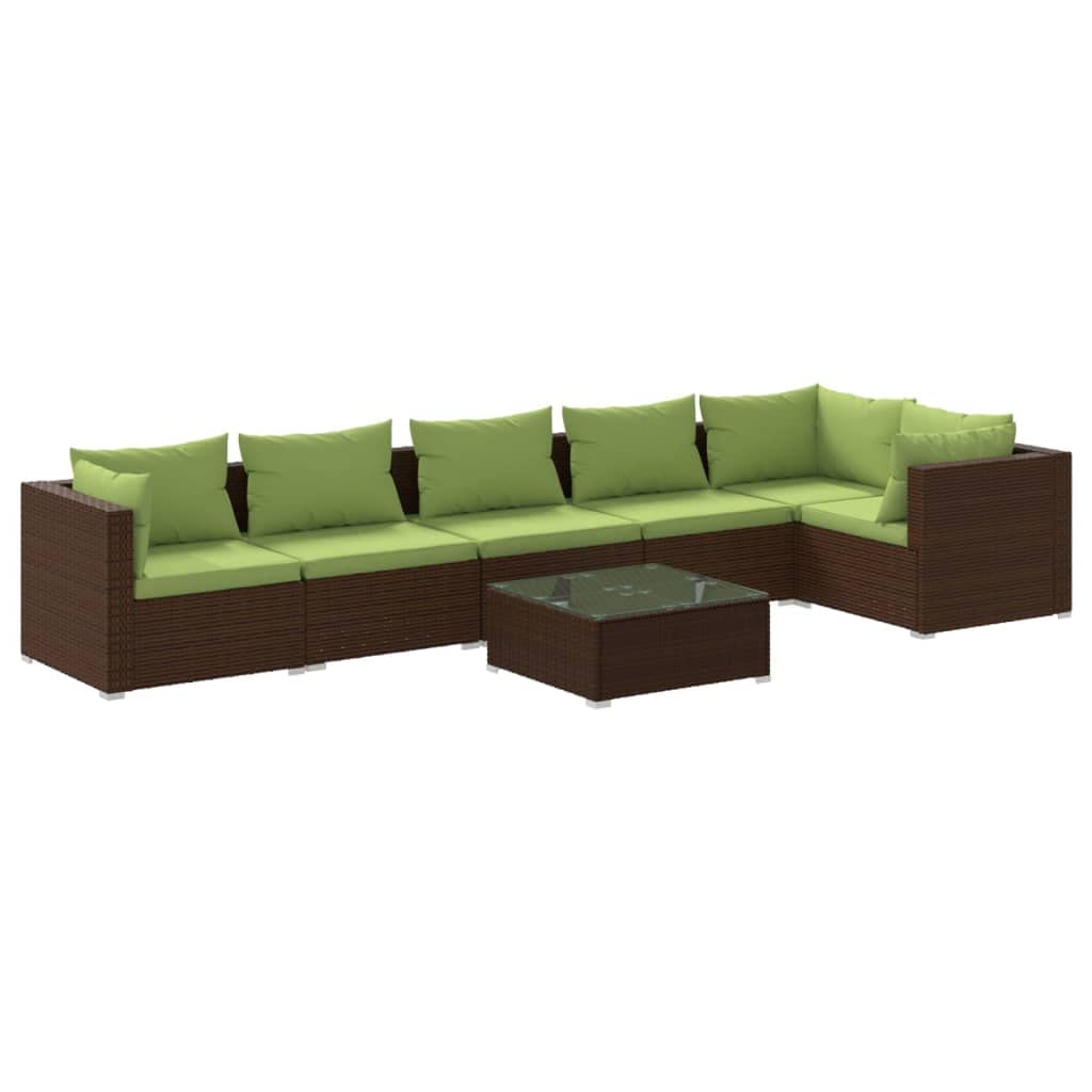 vidaXL 7-Piece Patio Lounge Set with Comfortable Cushions - Brown & Green Poly Rattan Outdoor Furniture for Garden, Poolside & Backyard Relaxation