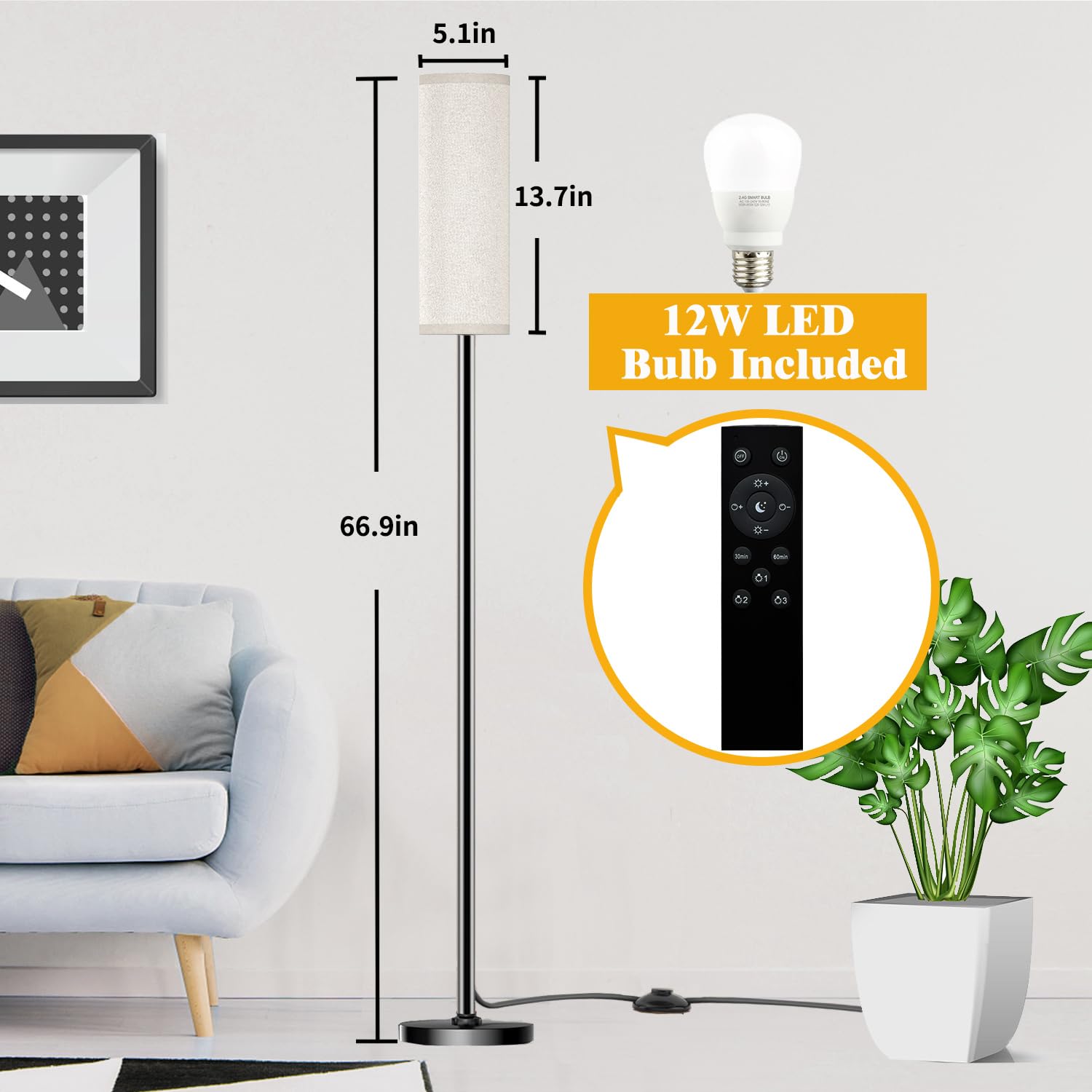 Modern LED Floor Lamp with Remote Control - Stepless Dimmable 12W Bulb Included, Standing Tall Lamp for Living Room, Bedroom & Office (Beige) | Perfect for Reading, Working & Creating Cozy Ambiance