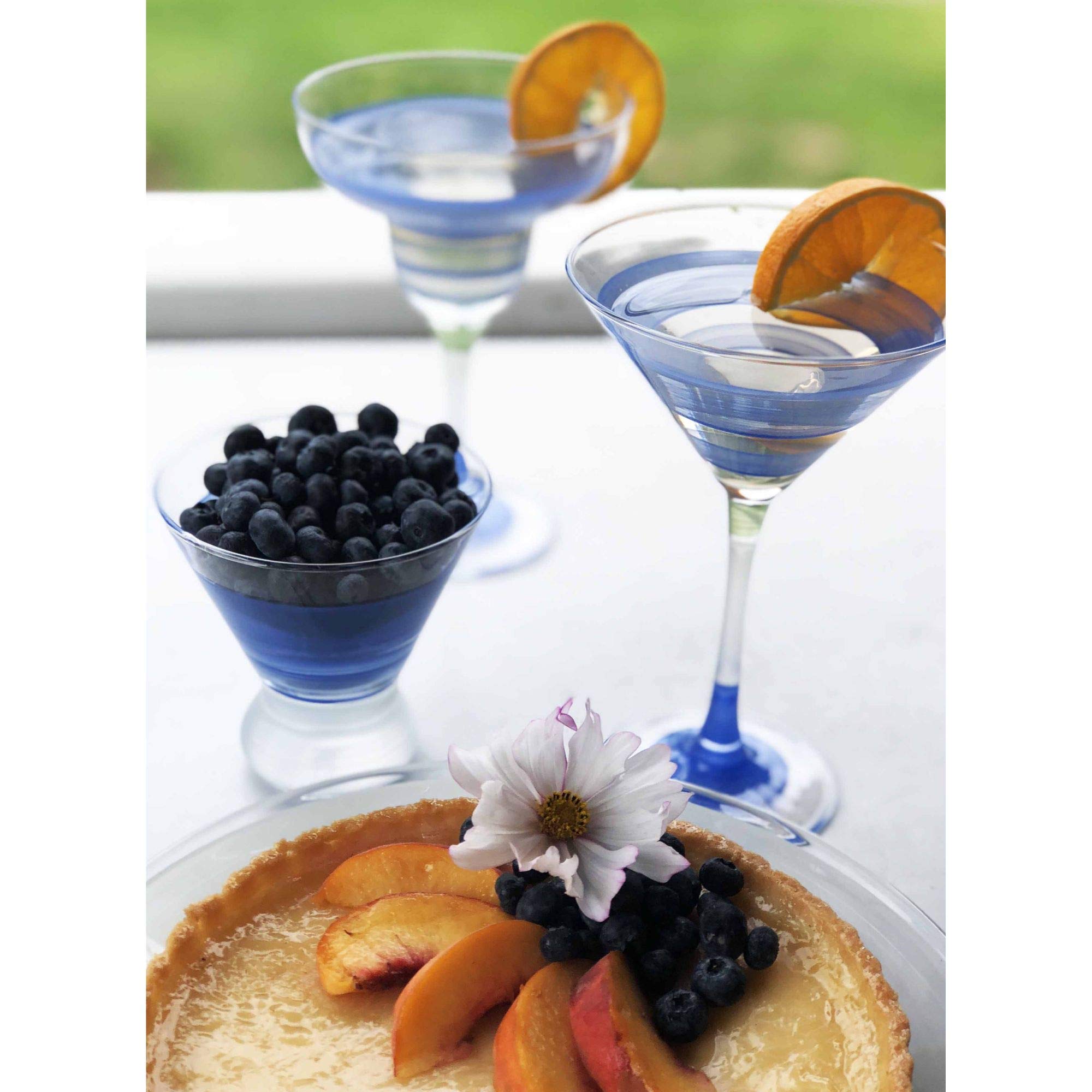 Set of 2 Blue Retro Stripe Hand Painted Cosmopolitan Wine Glasses - 8.25oz Stemware for Cocktails, Parties & Home Bar Decor - Elegant Drinkware for Entertaining & Gifts