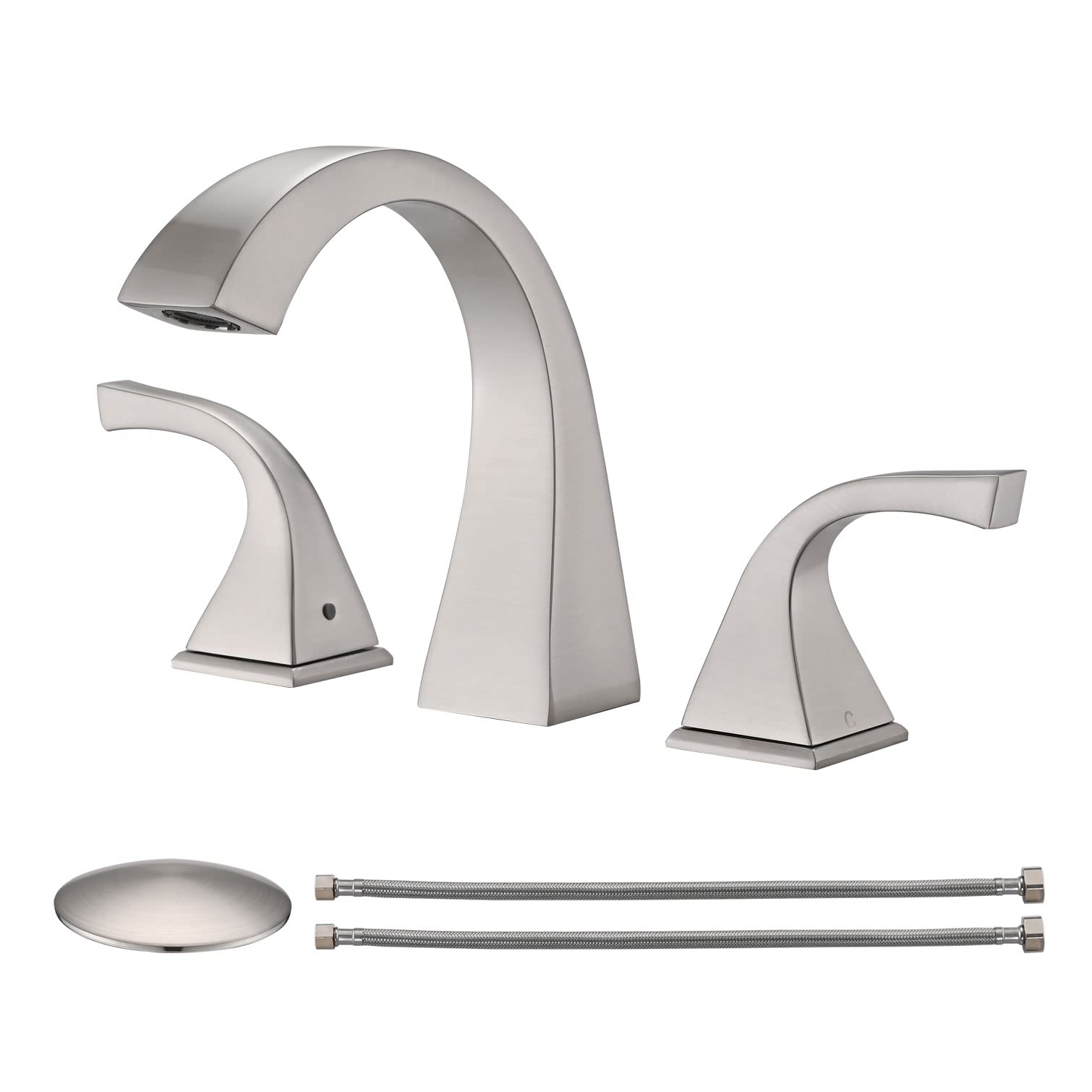 Premium Brushed Nickel 8-Inch Widespread Bathroom Faucet - 2-Handle Brass Sink Faucet for 3-Hole Lavatory with Pop-Up Drain & Supply Hoses - Perfect for Modern Bathroom Renovation & Vanity Upgrades