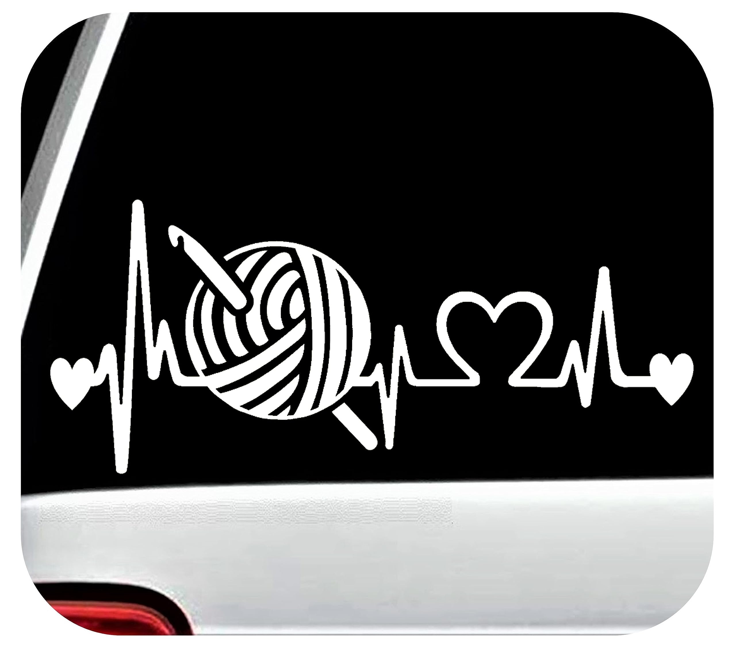 Crochet Hook Yarn Heartbeat Decal Sticker for Car Window - DIY Knitting Lover Gift - Waterproof Vinyl Sticker for Laptop, Notebook, Scrapbook & More