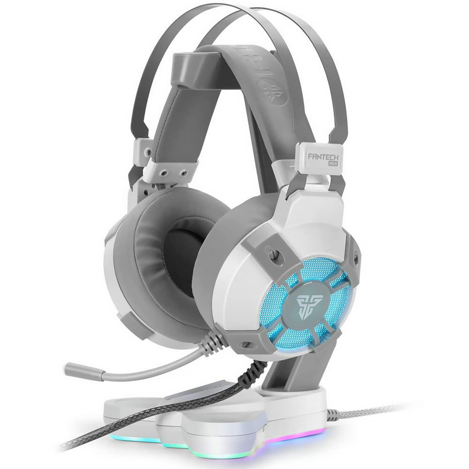 FANTECH USB RGB Gaming Headset with Stand - 7.1 Surround Sound Over-Ear Headphones with Mic & Hanger - 50mm Drivers, DTS Digital - White - Perfect for PC Gaming, Streaming & Office Work