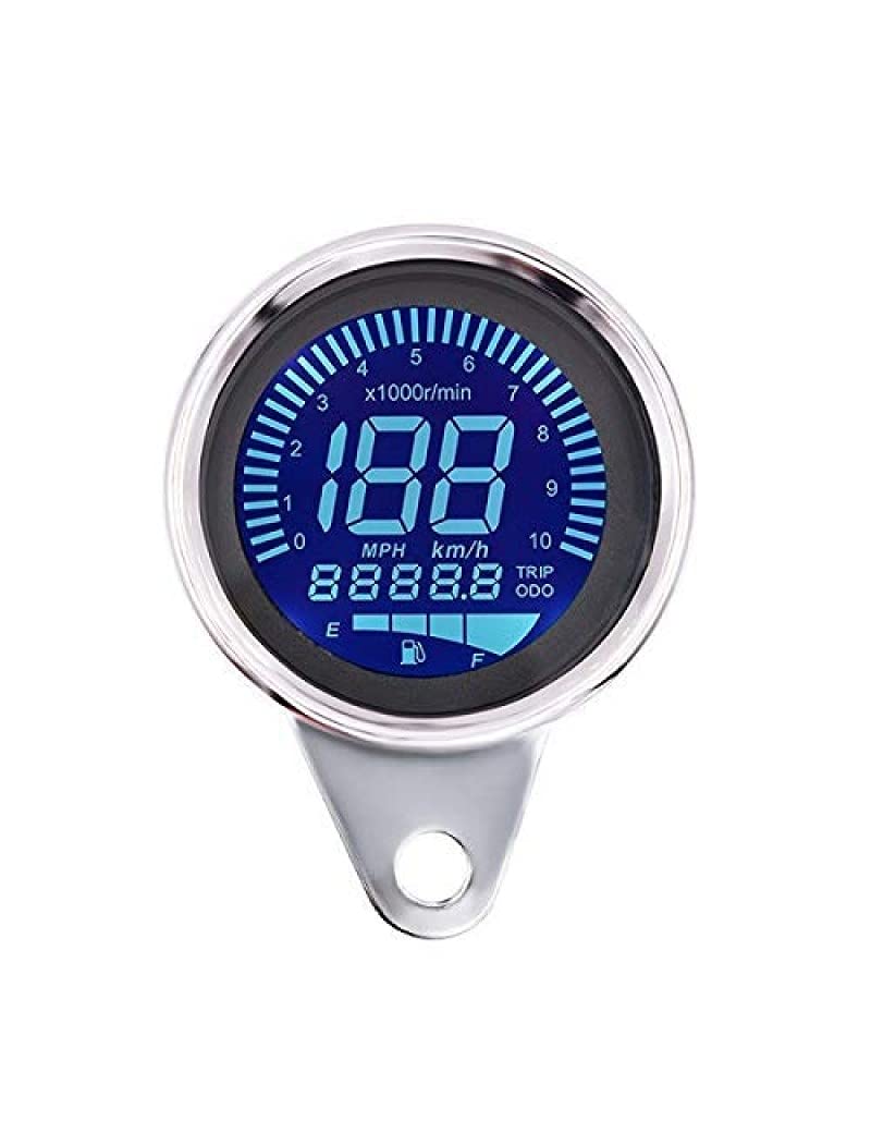 Universal Motorcycle LCD Digital Speedometer Odometer - TECHOMETER Fuel Gauge with Chrome Finish for Bike & Scooter - Perfect for Street Bikes, Cruisers & Off-Road Motorcycles