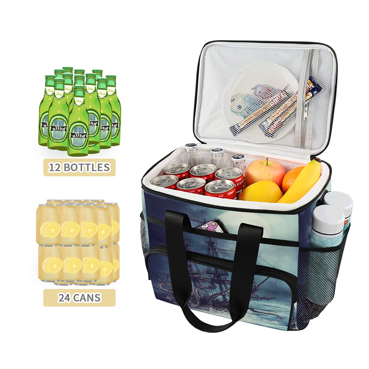 24-Can (15L) Insulated Lunch Box - Large Cooler Lunch Bag with Sea Pirate Boat & Tentacle Design, Soft Leakproof Cooling Tote for Men & Women - Perfect for Camping, Picnics, BBQs, Beach Trips & Outdoor Adventures