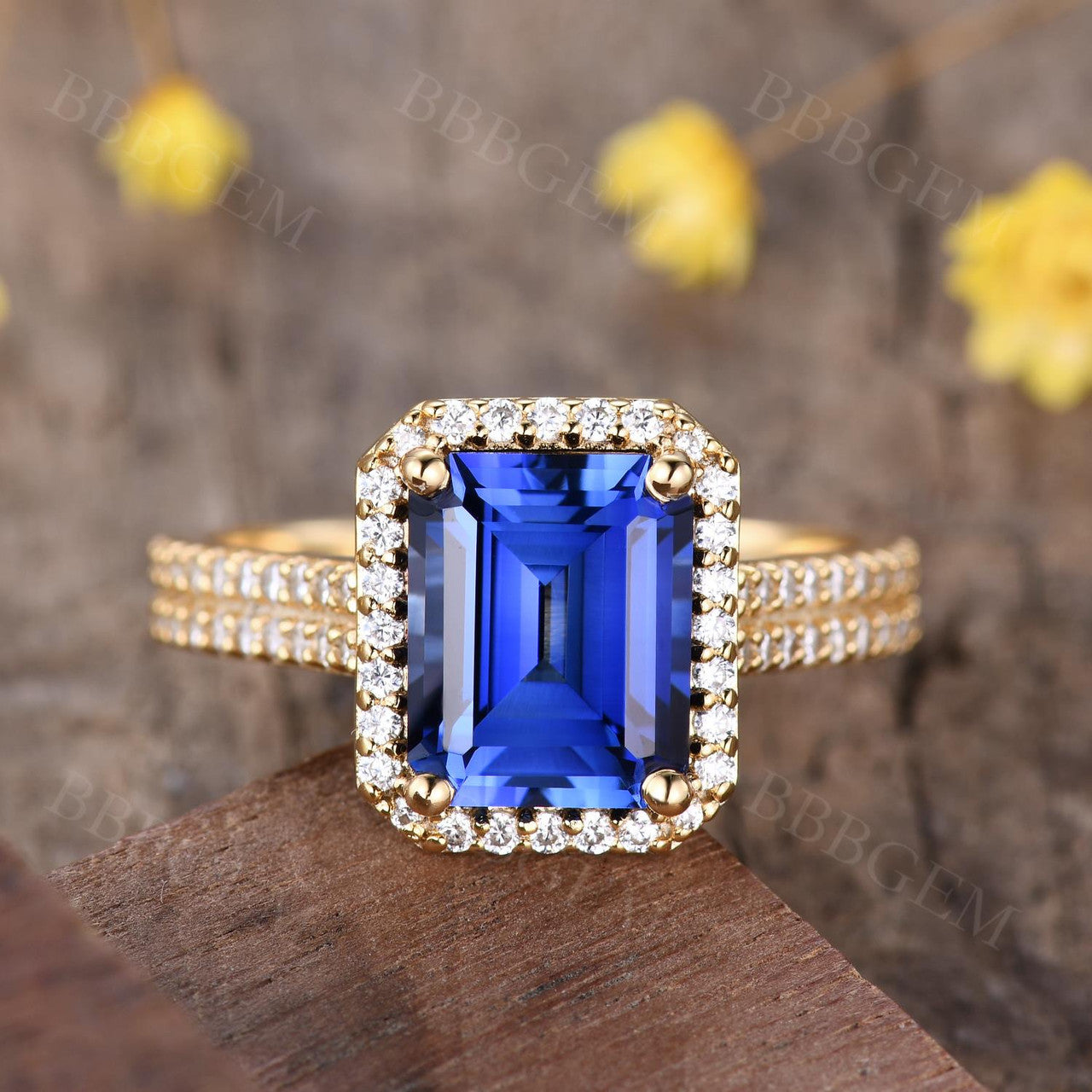 Vintage 8X10mm Emerald Cut Sapphire Ring with Diamond Halo - 14K Yellow Gold Wedding Band (4 Carat Total Weight) for Engagement, Anniversary & Special Occasions