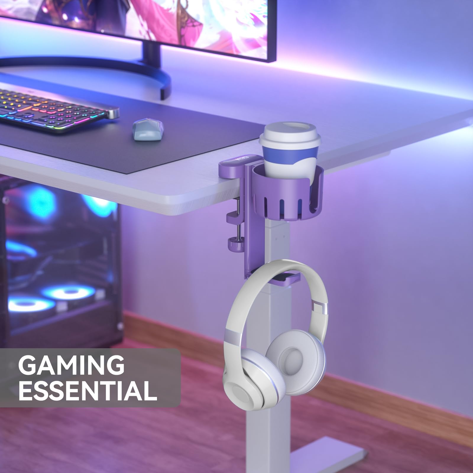 2 in 1 Rotatable Under Desk Headphone Hanger & Cup Holder - Space Saving Desk Clamp Mount for Headset and Coffee/Water Mugs - Perfect for Gaming, Office & Home Workspace (Purple)