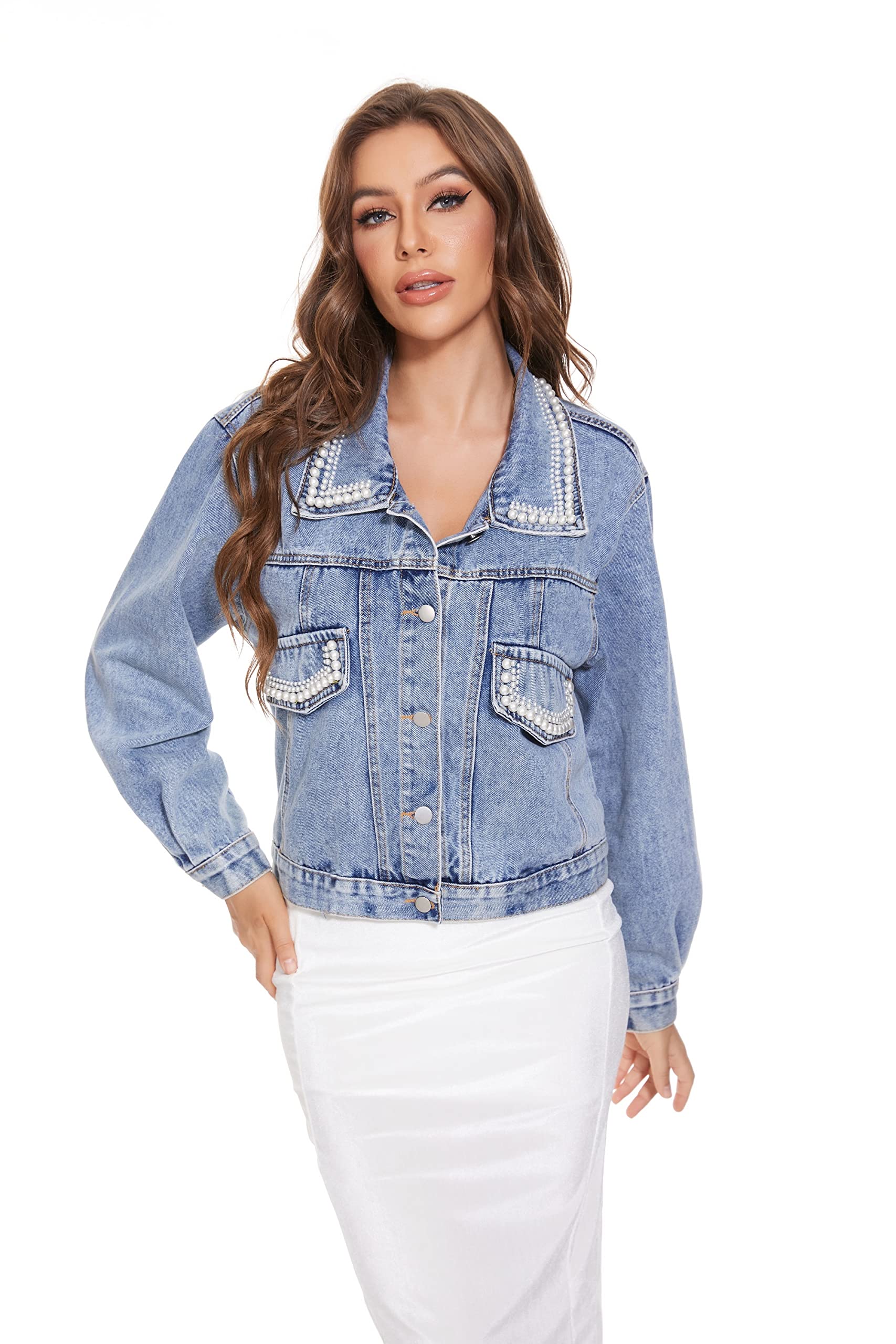 Women's Embroidered Pearl Denim Jacket for Bride - Elegant Wedding Jean Jacket with Wifey Design | Perfect for Bridal Shower, Bachelorette Party & Outdoor Weddings