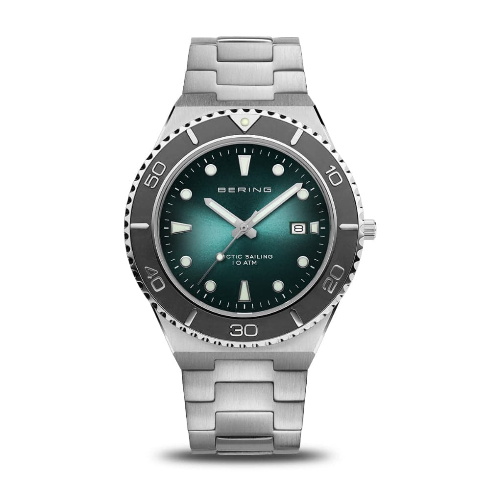 Bering Classic Green Dial Silver Stainless Steel Men's Watch 18940-708 | Luxury Dress Watch for Business & Formal Occasions
