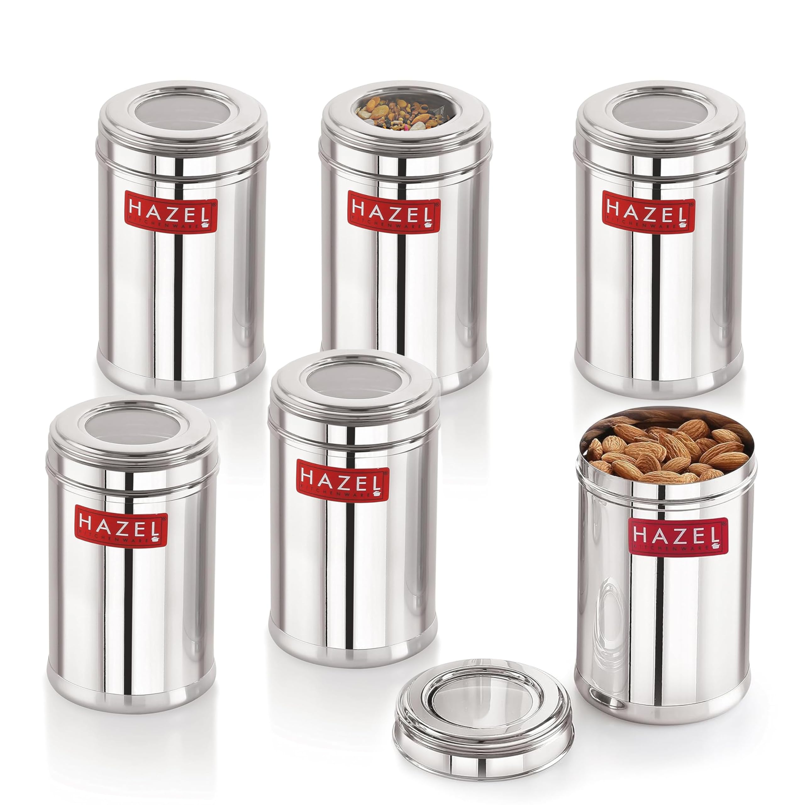 HAZEL Stainless Steel Kitchen Container Set with Transparent Lid, Matt Finish, 700 ML, 6-Piece for Pantry, Spice, and Dry Food Storage