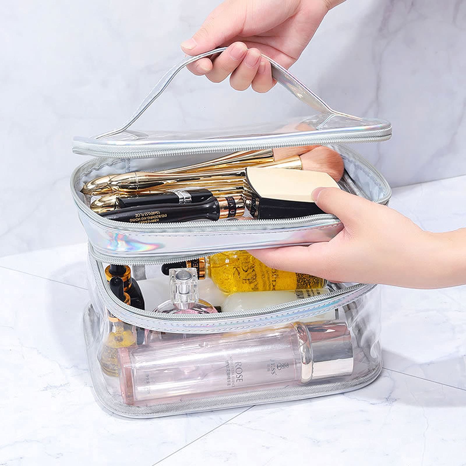 Clear Cosmetic Bag Dual Layer Travel Toiletry Organizer - Waterproof Makeup Brush Holder for Women | Perfect for Travel, Gym & Daily Essentials Storage