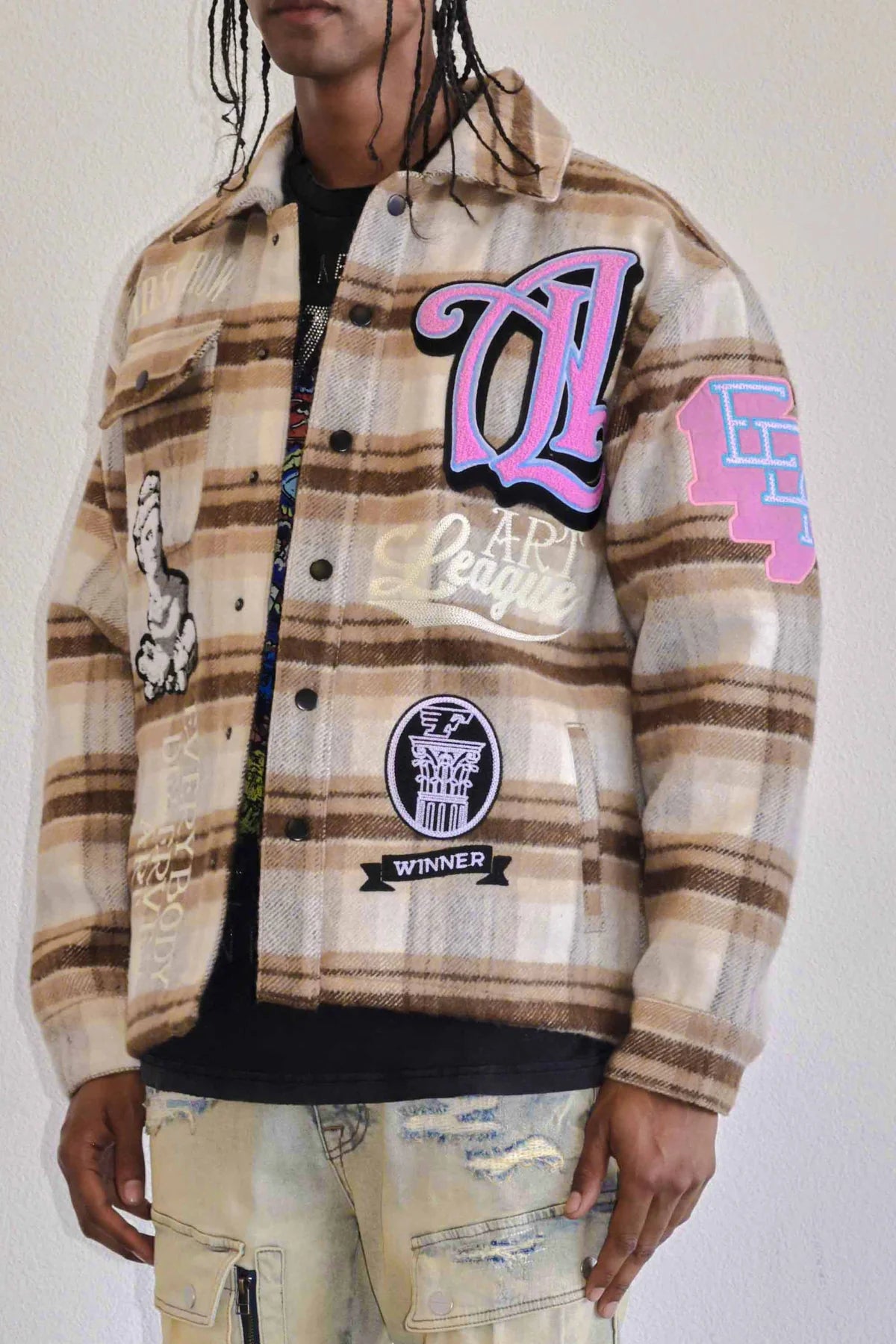 ART LEAGUE Multi-Patch Denim Shacket Jacket for Men & Women | Vintage Style Overshirt with Embroidered Patches | Perfect for Casual Wear, Music Festivals & Street Style Outfits
