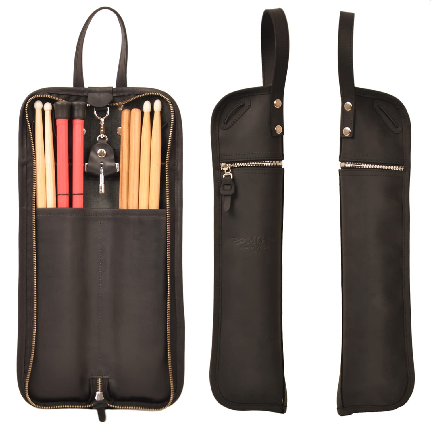 Handmade Genuine Leather Drumstick Bag with Drum Key Holder - Compact Size Drum Stick Pouch for Kids & Adults (Black) - Perfect for Drummers, Music Lessons & Band Practice