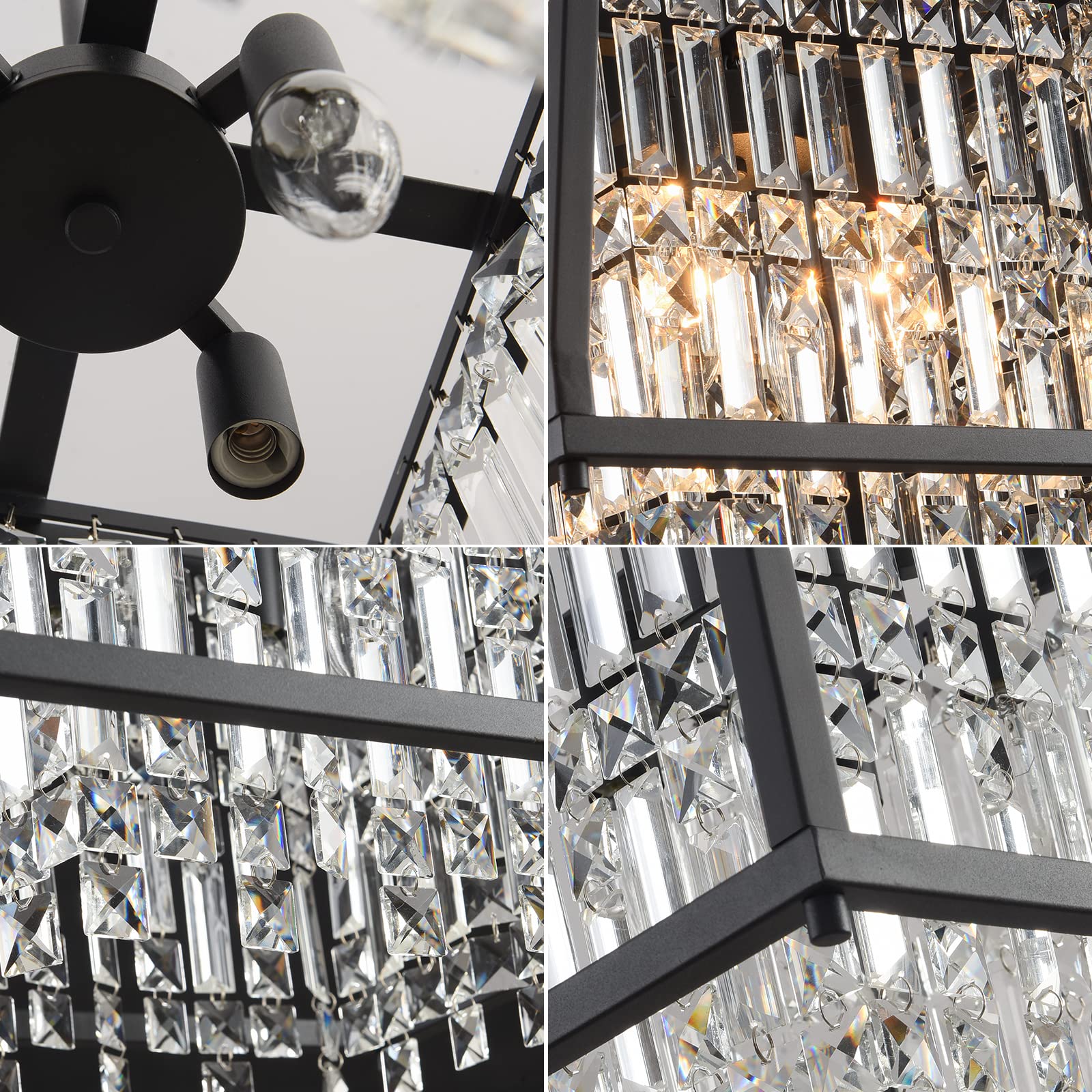 LMQNINE Farmhouse Chandelier - 11.81 Inch Black Metal Crystal Pendant Light for Kitchen Island, Dining Room, Living Room - Flat & Inclined Ceiling (Trapezoid Design) - Perfect for Rustic, Modern & Farmhouse Decor