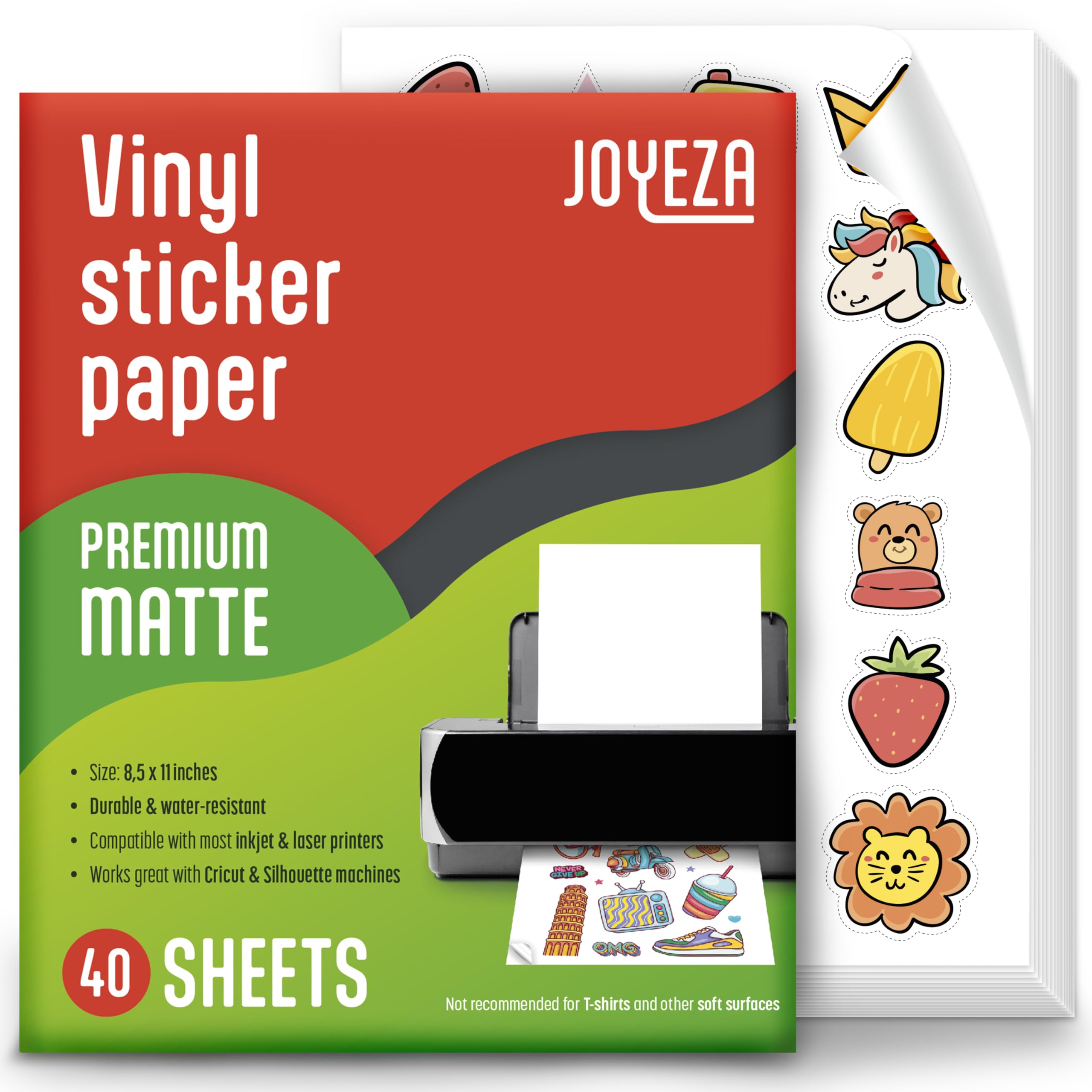 JOYEZA Premium Printable Vinyl Sticker Paper for Inkjet & Laser Printers - 40 Sheets Matte White Waterproof Sticker Paper, Quick-Drying with Vivid Colors & Excellent Ink Retention - Tear-Resistant for DIY Crafts, Labels, Decals & Scrapbooking
